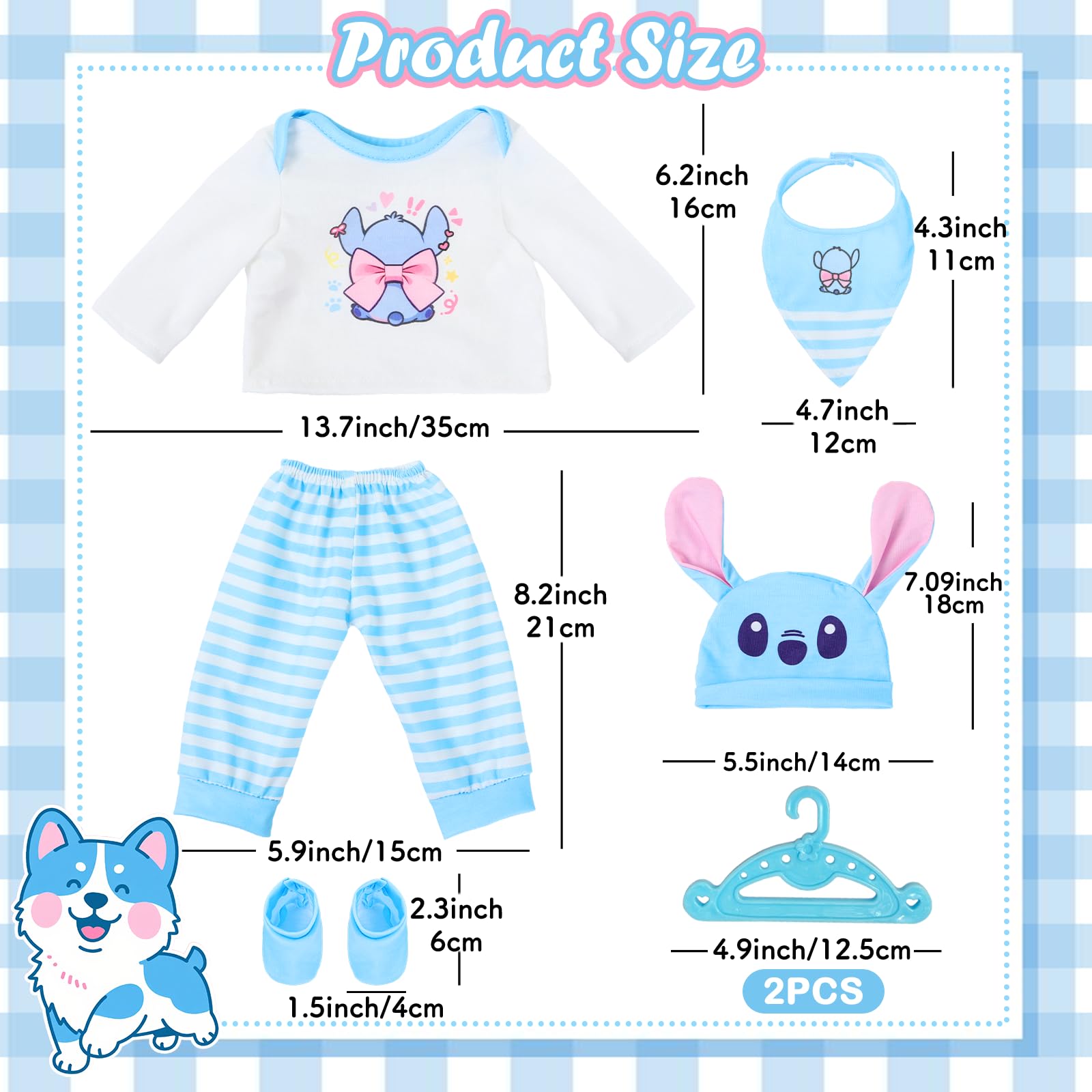 Doll Clothes for 14-18 Inch Baby Dolls, 35-45cm Baby Doll Outfits Clothes with Sweet Blue Top Trousers Hat Bib Socks Hangers - Image 2