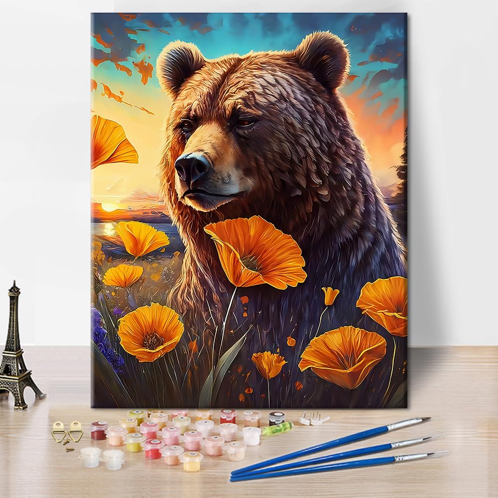 TISHIRON Animal Paint by Number Grizzly Bear with Golden Poppy Flowers at Sunset Paint by Numbers Kit for Adults with Brushes and Pigment for Home Wall Decoration, 16x20 Inch