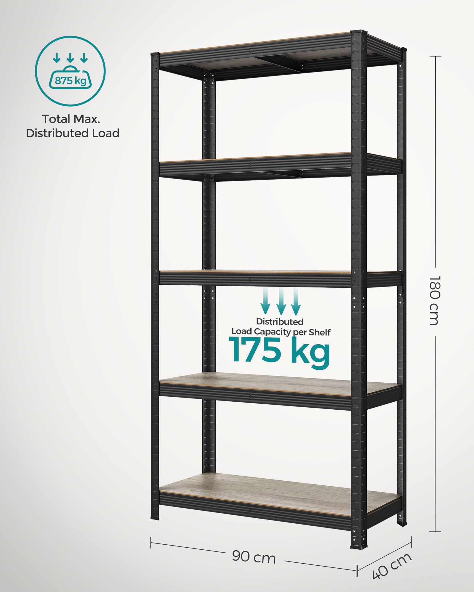 Songmics Wandrek voor zwaar gebruik met 5 niveaus, 30 x 75 x 150 cm, draagkracht 650 kg (130 kg per niveau), industriële stijl, verstelbare planken, voor woonkamer, keuken, rustiek bruin en zwart