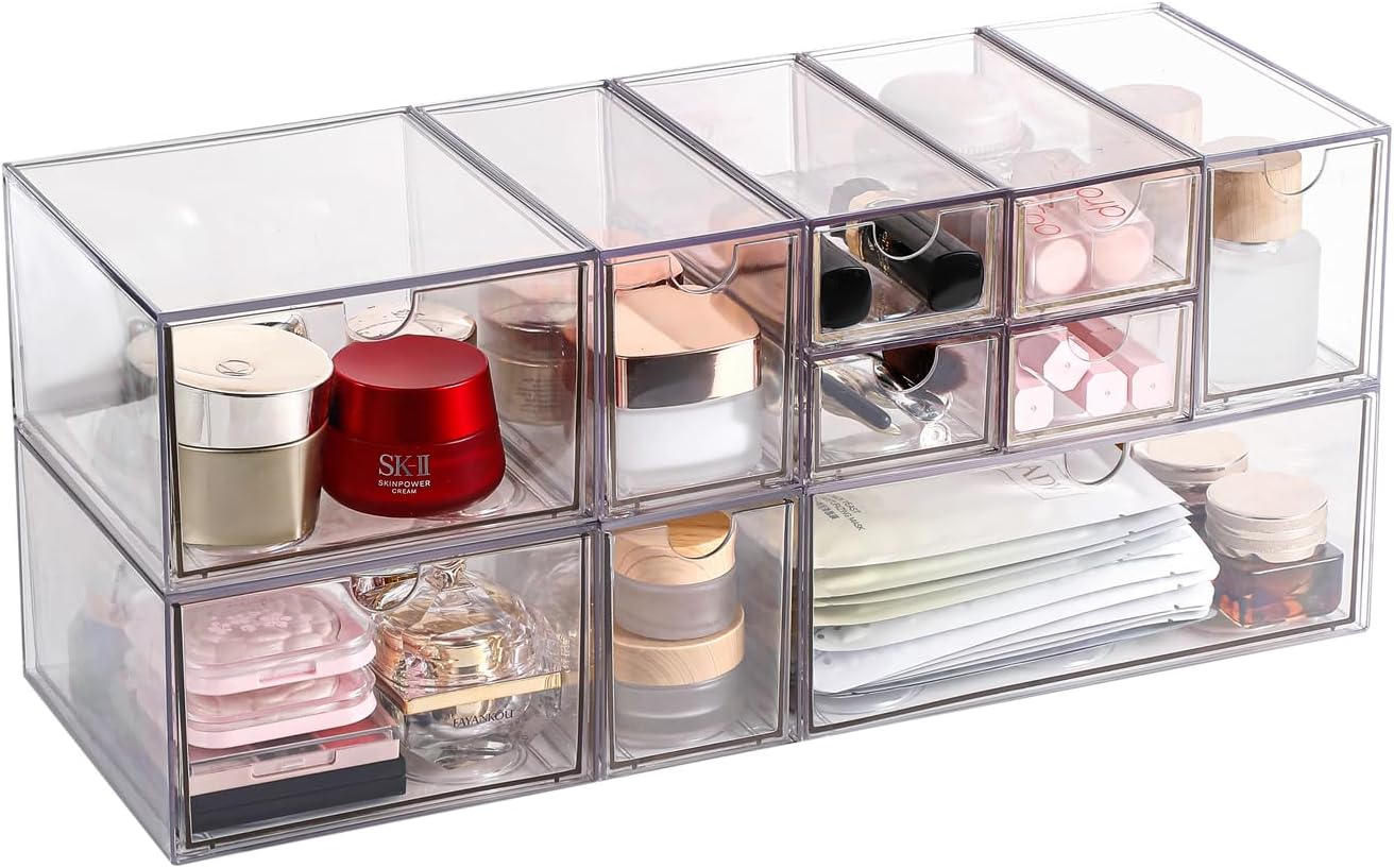 Stackable Storage, Clear Plastic Drawer Storage With 10 Drawers, 4 Different Sizes, Suitable For Desktop, Candy boxesunnels, Cosmetics, Stationery, Jewelry and Organization