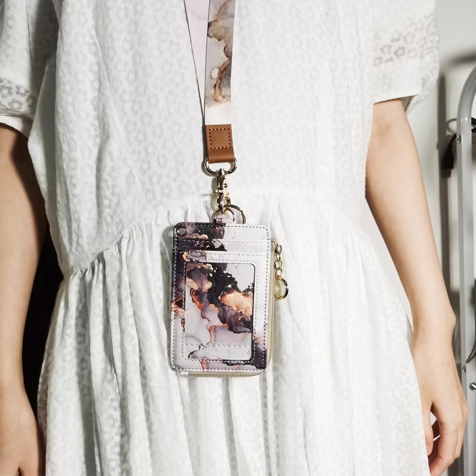 Marble Badge Holder with Zipper, Lanyard Wallet for Women,PU Leather ID Badge Holder with 1 Clear ID Window - Image 2