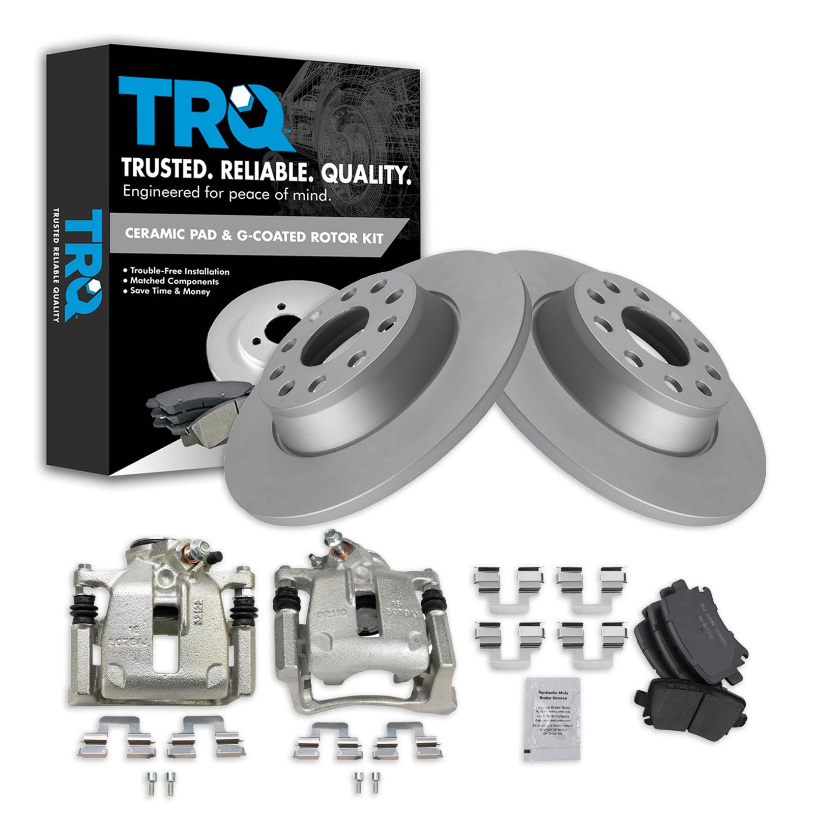 TRQ Rear Brake Pad and Rotor Set Ceramic G Coated Rotors Calipers