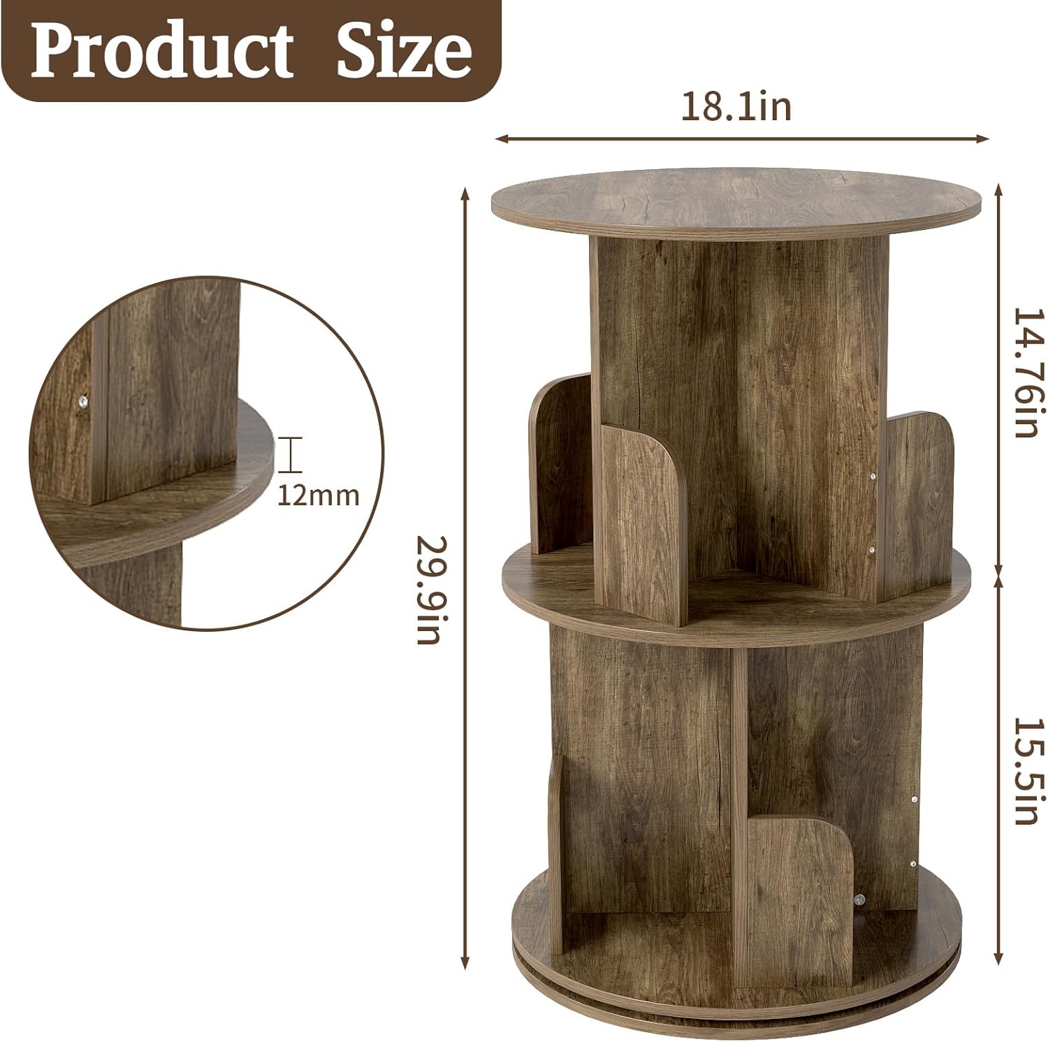 2-Tier Rotating Bookshelf, 360° Display Revolving Bookcase Space-Saving Storage Round Shelf for Corners, Living Room, Bedroom, Office, Kids Room (Light Brown)