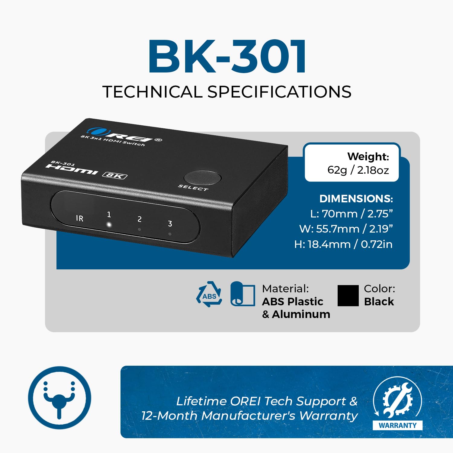 OREI Commutateur HDMI avec 4K@120Hz 4:4:4 / 8K@60Hz 4:2:0 - HDR10+, VRR, ALLM, QFT - Bande passante 48 Gbps - Switch HDMI avec télécommande - Parfait pour Les Jeux avec PS5/Xbox