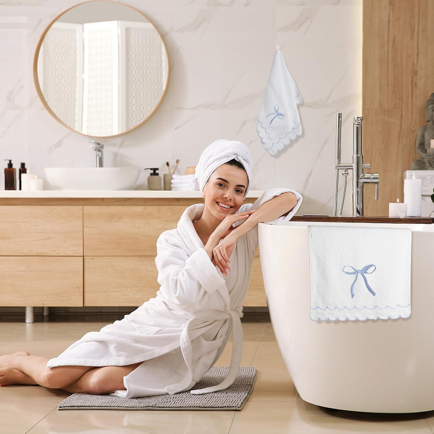 2 Pcs Coquette Bow 100% Cotton Hand Towels for Bathroom Scalloped Hand Towels 16 * 27 Inch Embroidered Decorative 600 GSM Soft Absorbent Bath Towel for Spa Yoga Hotel Sport (Blue) - Image 4