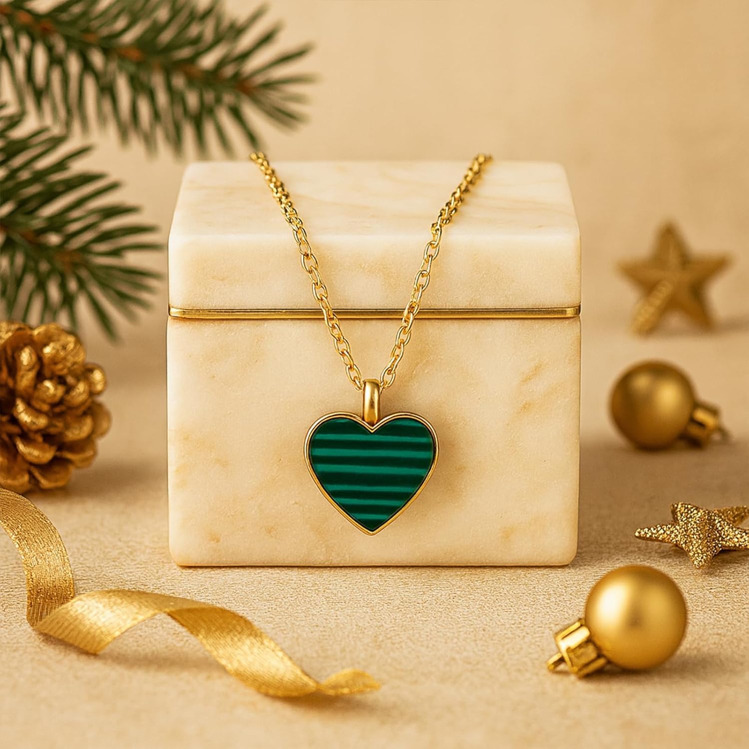 Heart Natural Stone Necklace for Women 18k Gold Electroplated Love Malachite Abalone Pendant Heart Jewelry Birthday Christmas Gifts for Mother Wife - Image 2