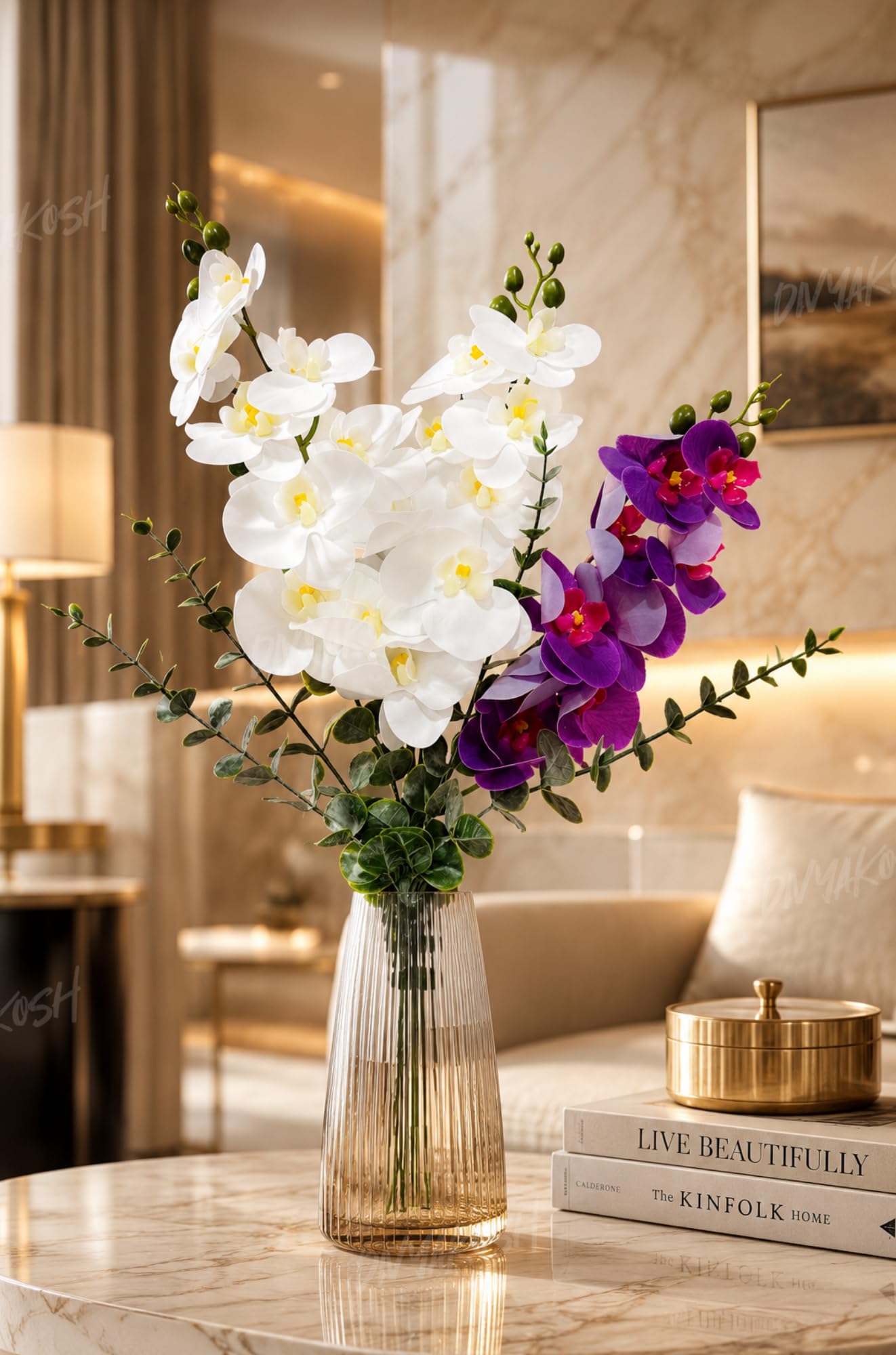 Divyakosh Artificial Flower Bunch with Vase, Orchid Flower Stick Arrangement Luxury Home Decor Bouquet with Vase