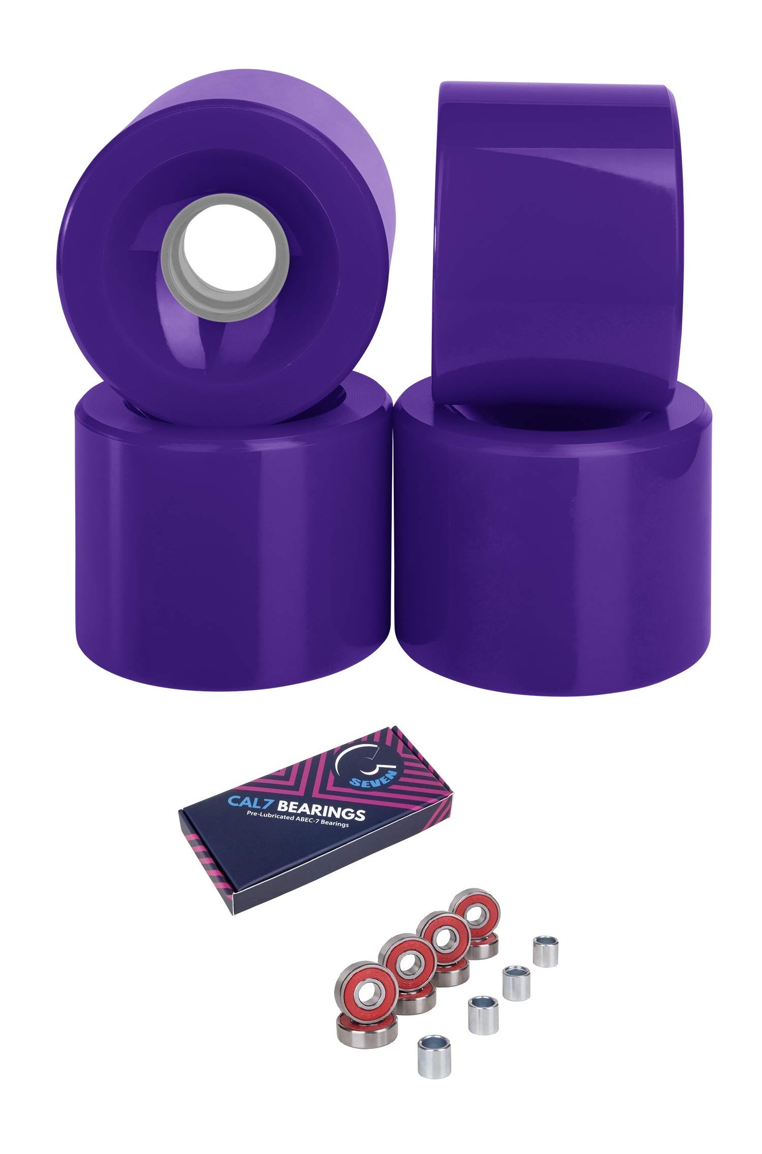 Cal 7 70mm Longboard Skateboard Wheels + ABEC 7 Bearings and Spacers Set (Purple)