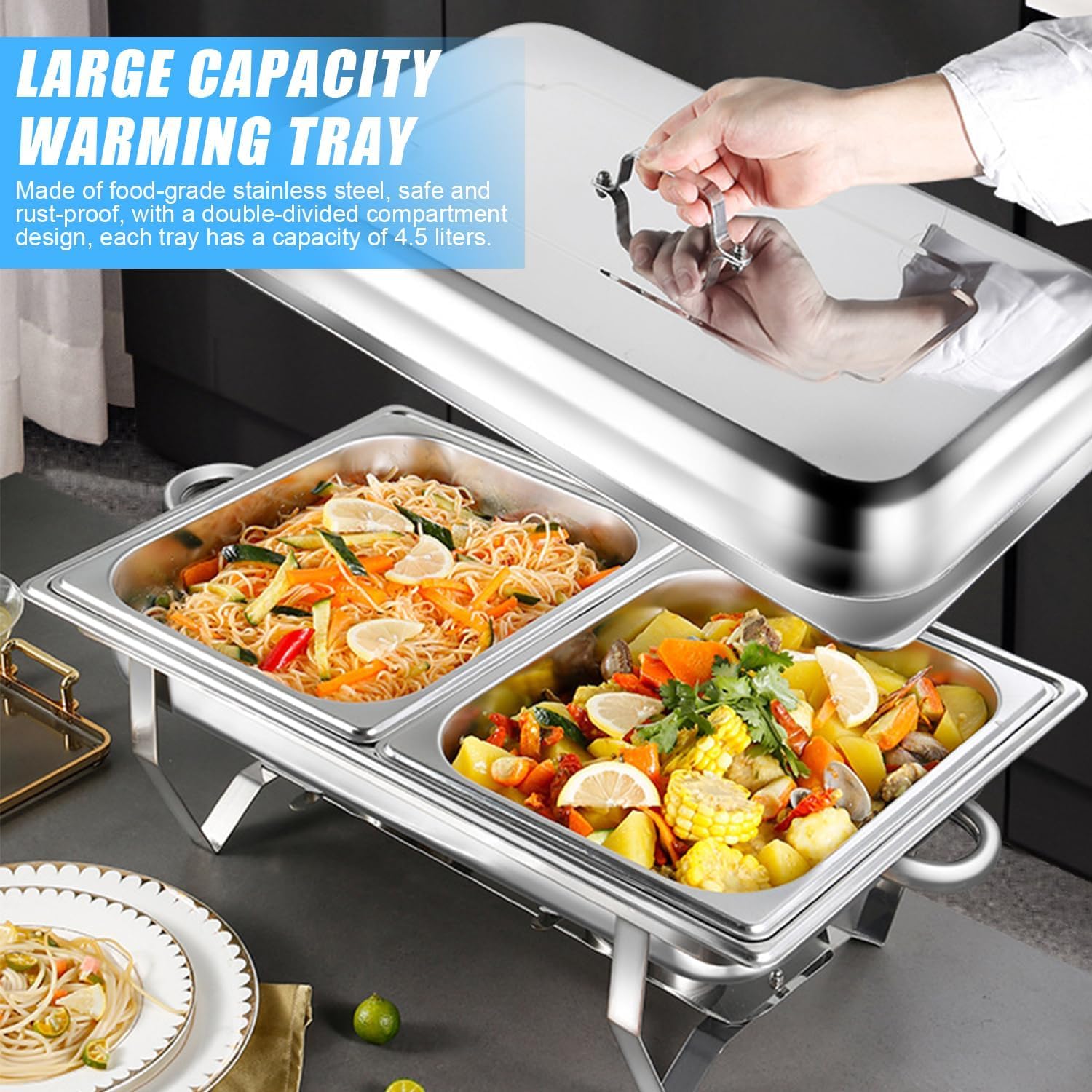 Paquete de 2 platos de 9 L para bufé, catering, calentador de alimentos, sartén fría y caliente con soporte para tapa, juego de platos de cena de acero inoxidable grueso, servidor de buffet para