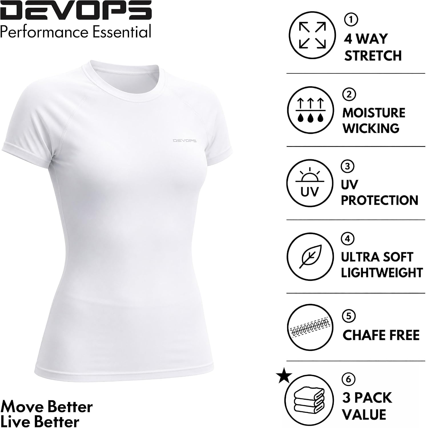 DEVOPS 3 Pack Women's Compression Baselayer Short Sleeve Shirt