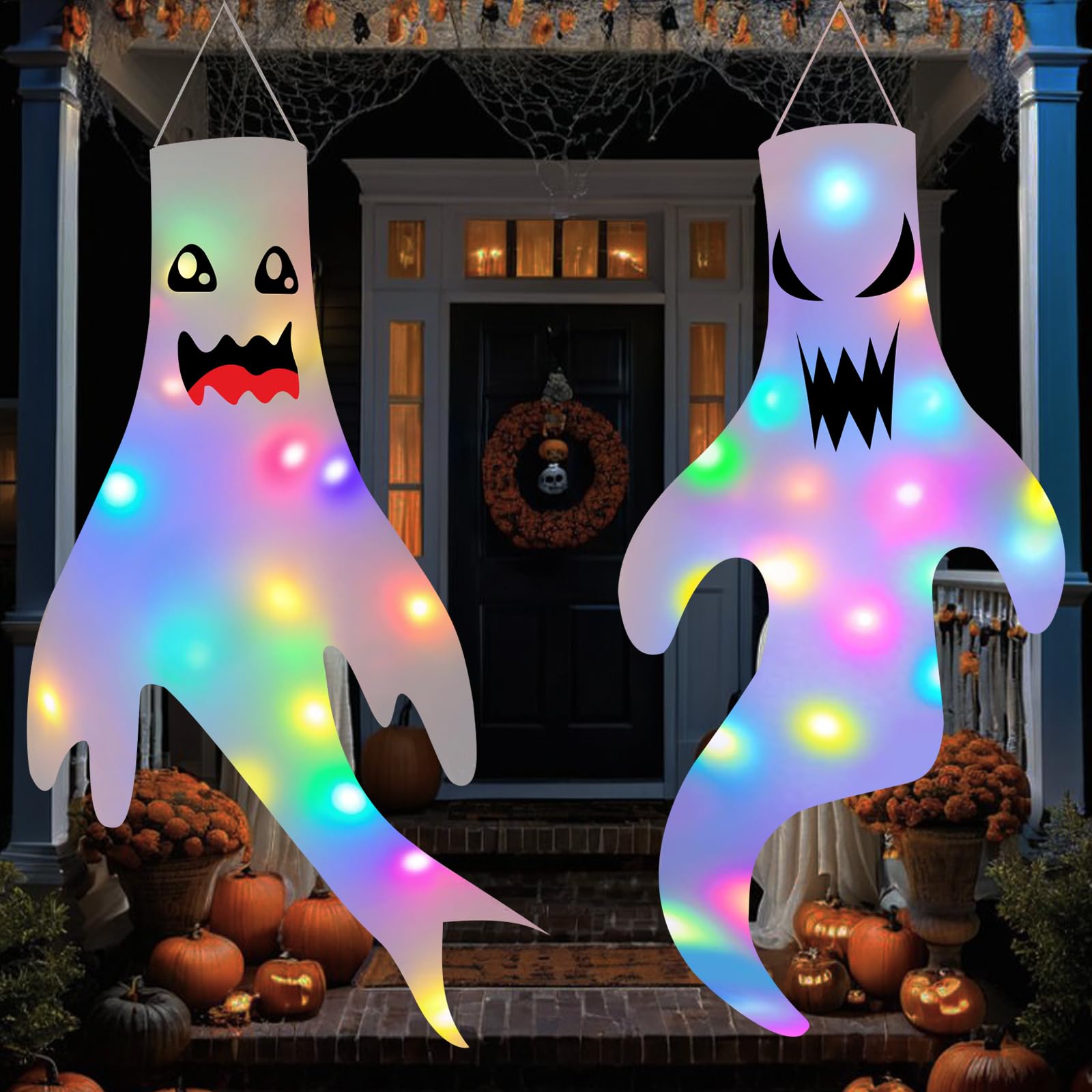 2 Pezzi Decorazione Halloween, Fantasma Manica a Vento con Luci LED, Ghost Windsock per Esterni, Giardino, Cortile, Patio, Casa