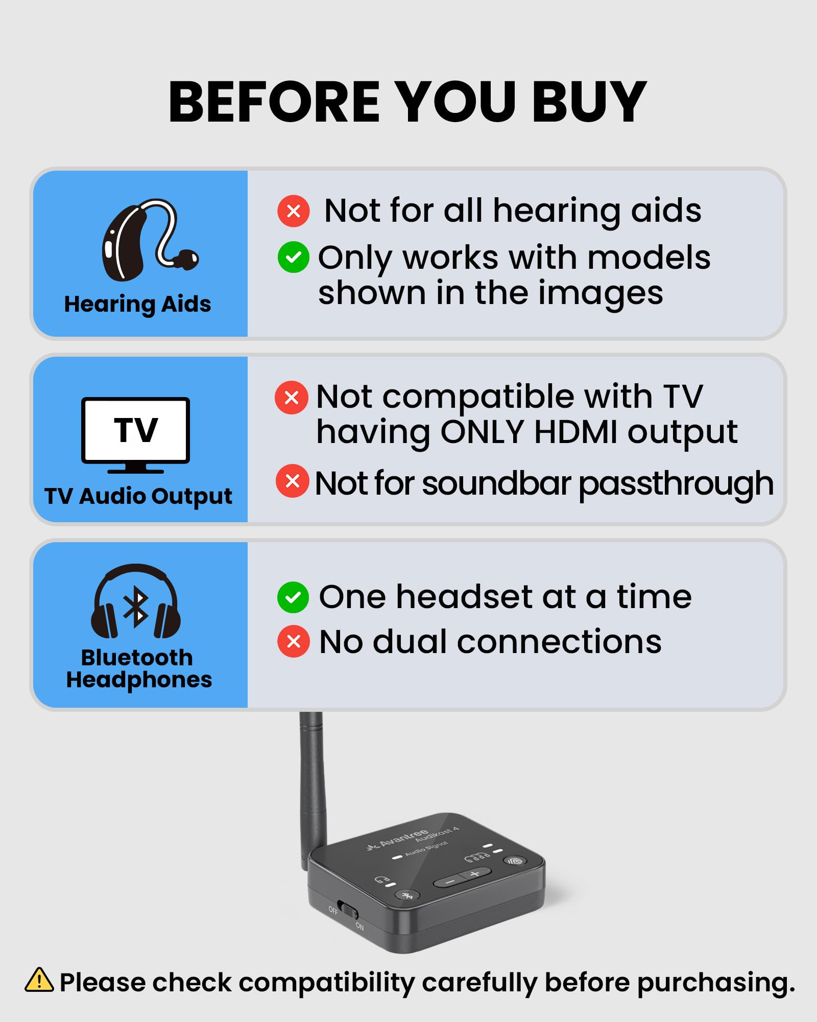 Avantree Audikast 4 – Émetteur TV Auracast & Bluetooth 5.4 2-en-1 pour Casques Et Appareils D'Écoute Personnels Sélectionnés, aptX Adaptive & HD, Sorties Optique/AUX, Évolutif Et MàJ