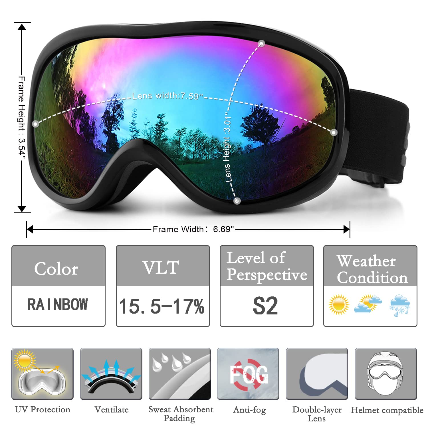 SPOSUNE Skibrille Damen Herren Snowboardbrille OTG Kids Skibrille Brille Wear Anti-Fog 100% UV400 Schutz für Skifahren Rollschuhlaufen Windschutz Schlagfest Helm kompatibel