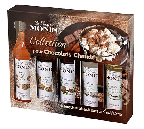 MONIN – Estuche de jarabe MONIN – Sabores enrollados con canela, chocolate galleta, pan de jengibre/vainilla/coco – para café, chocolate caliente/capuccino/lata – Aromas naturales – Botella de cristal