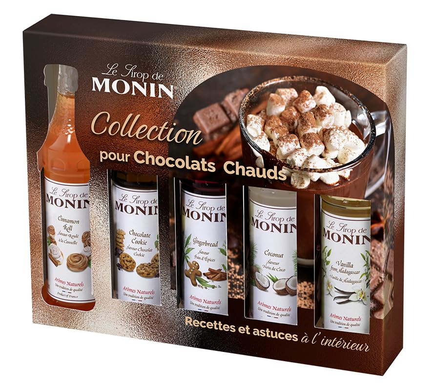 MONIN – Estuche de jarabe MONIN – Sabores enrollados con canela, chocolate galleta, pan de jengibre/vainilla/coco – para café, chocolate caliente/capuccino/lata – Aromas naturales – Botella de cristal