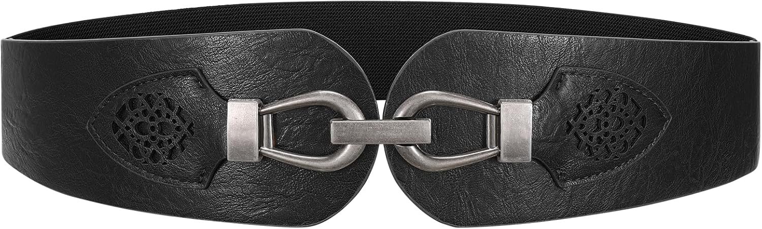 Womens Western Wide Waist Belt for Dress Vintage Stretchy Elastic Belt with Chunky Gold Buckle