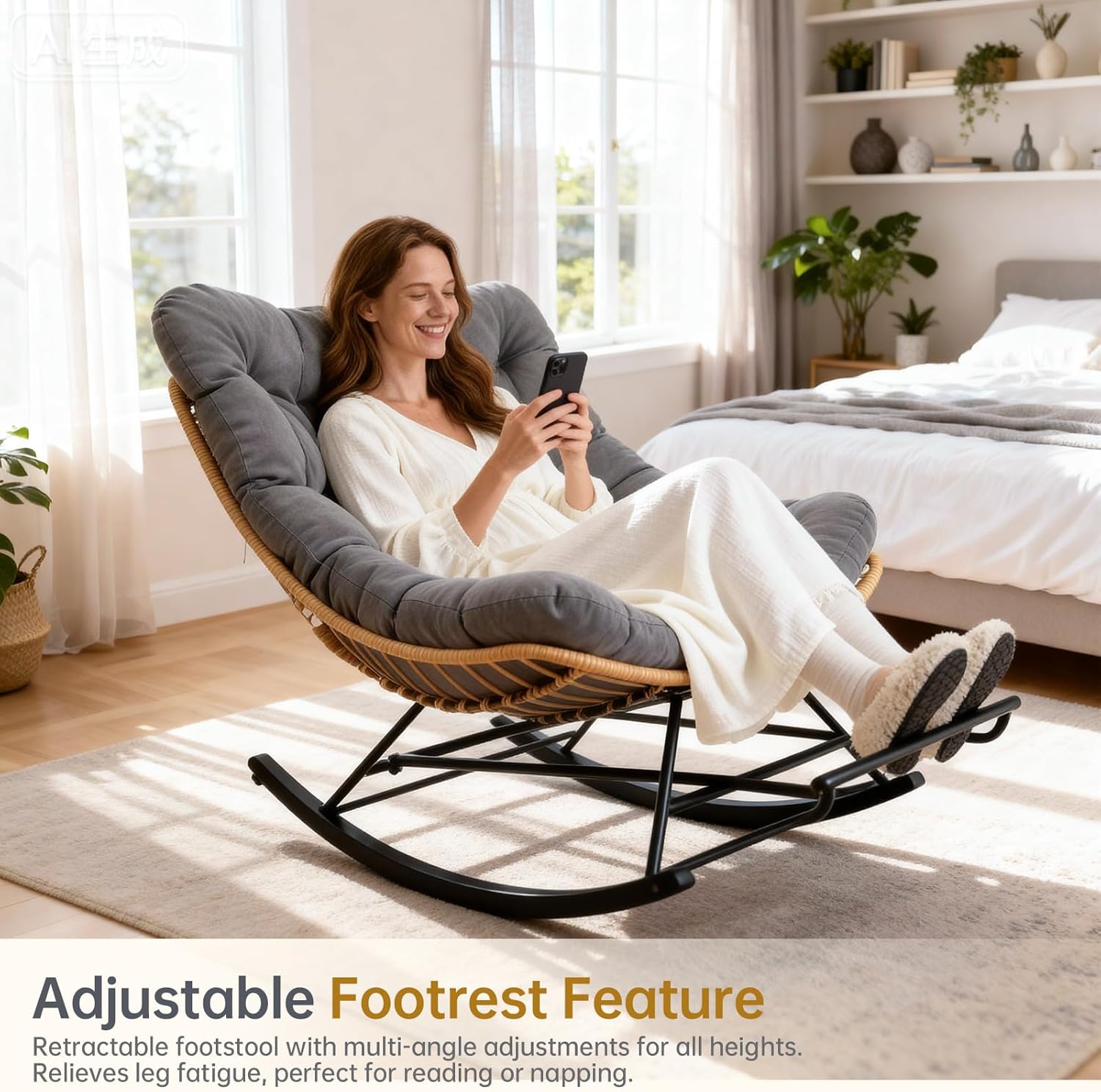 Egg Chair Wicker Outdoor Chairs, Oversized Patio Lounger Chair with Water Resistant PE Rattan, Adjustable Footstool, Cushioned Comfort for Porch Garden Living Room, Dark Grey