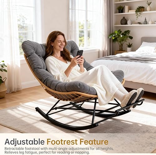 Miniatura 3 de Silla de mimbre para exteriores, silla tumbona de patio de gran tamaño con ratán de polietileno resistente al agua, reposapiés ajustable y comodidad