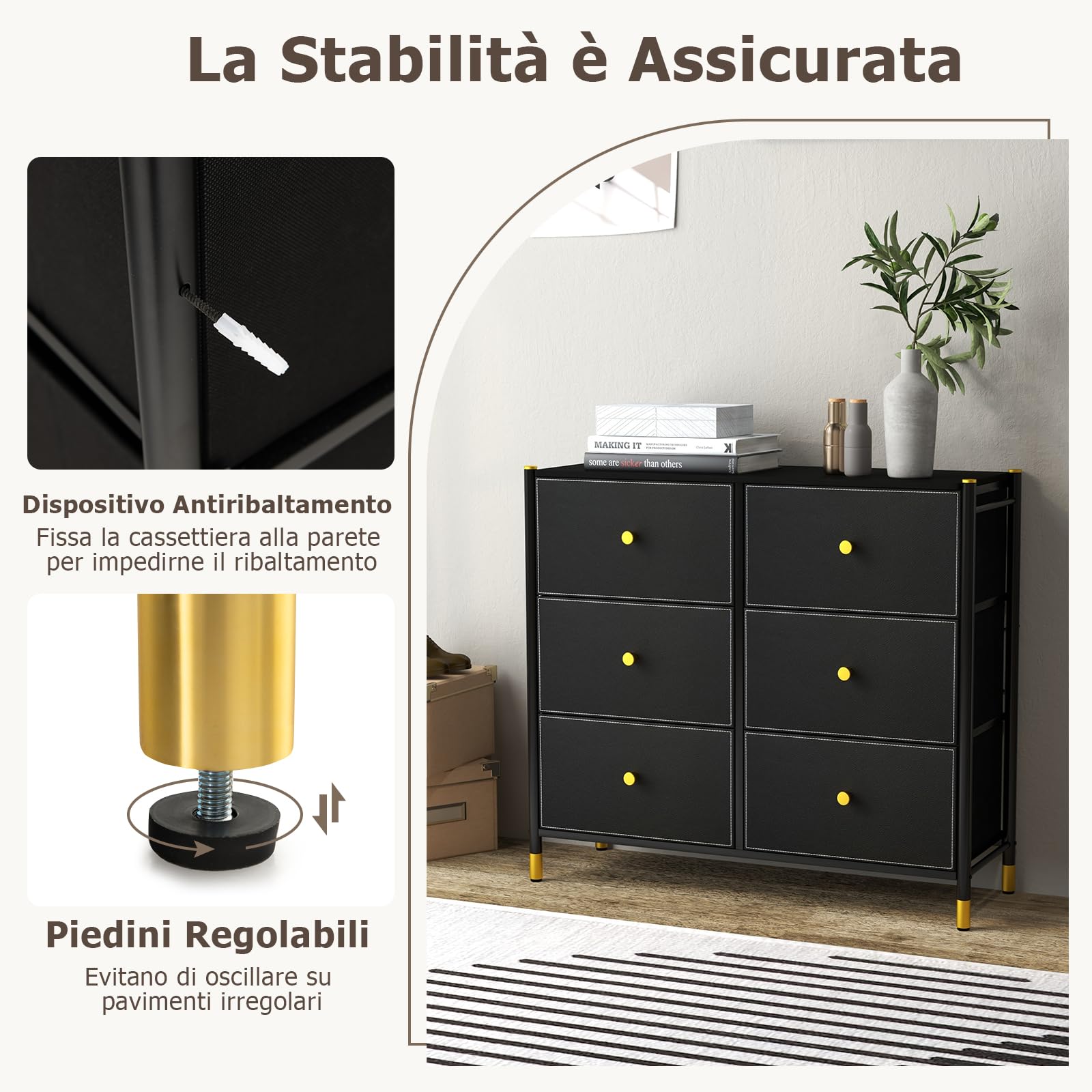 GYMAX Cassettiera in Tessuto, con 6 Cassetti, Armadietto con Struttura in Metallo, Dispositivo Anti-ribaltamento, Pratico Comodino per Soggiorno, Camera da Letto, Nero (6 Cassetti)