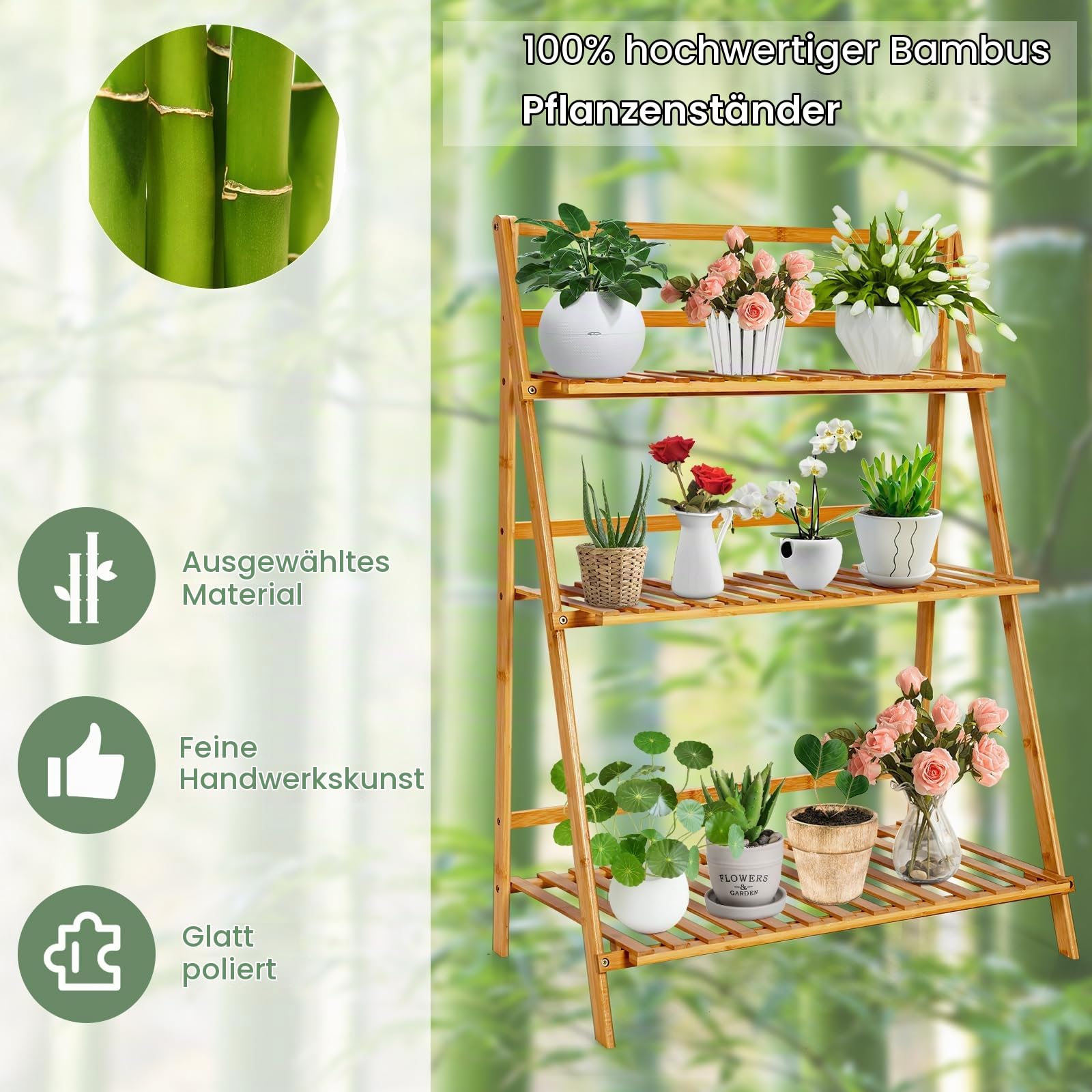 HOMASIS Pflanzregal mit 3 Ebenen, Faltbares Blumenregal, Bambus-Pflanzenständer Outdoor Indoor, Leiterregal für Garten Balkon Terrasse Patio, 70 x 38 x 95,5 cm, Natur