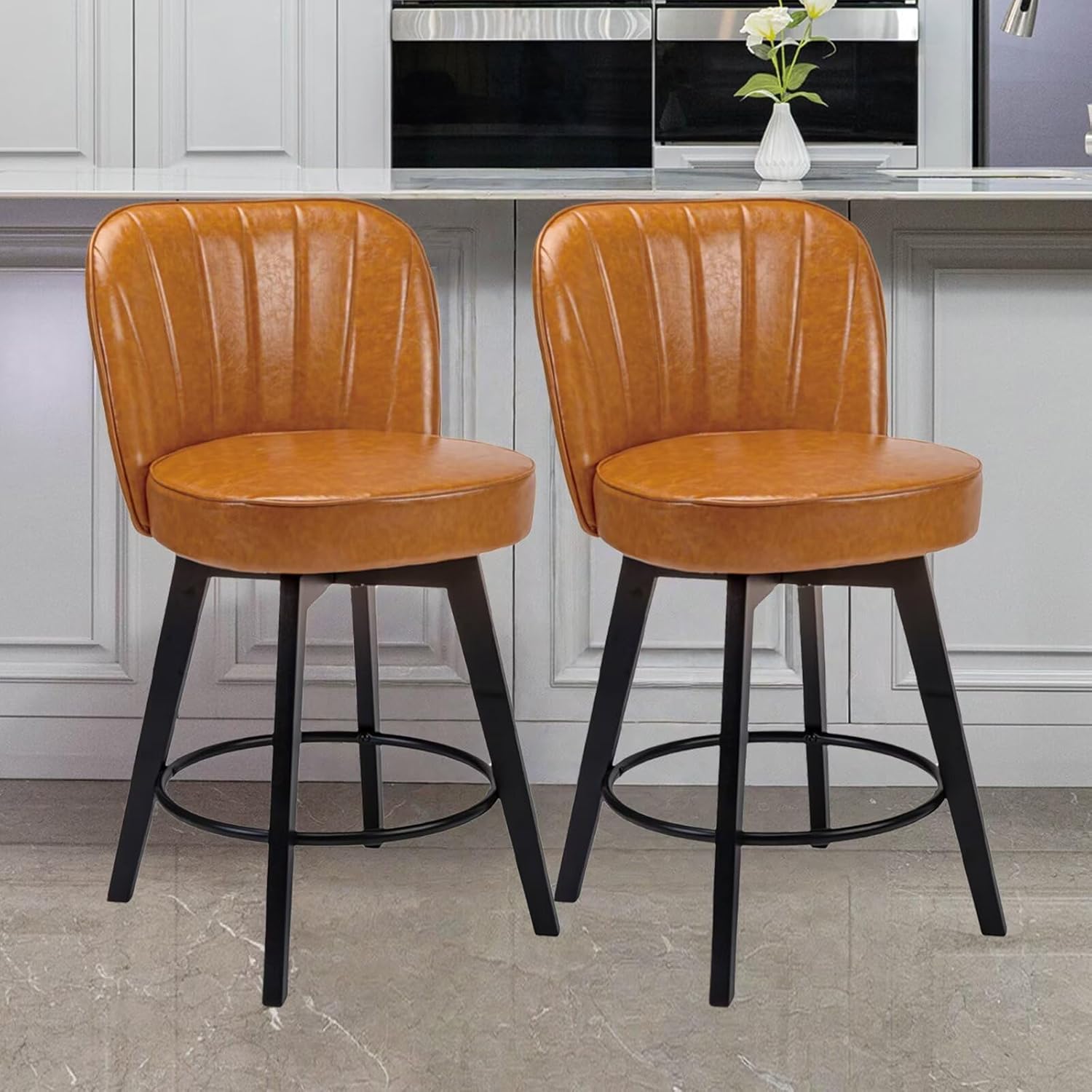 MINCETA 26 Inch Swivel Bar Stools Set of 2, Upholstered Fabric Counter Height Stools with Back, 360° Swivel Barstools with Footrest for Kitchen Island, Home Bar, PU Leather Fabric, Brown