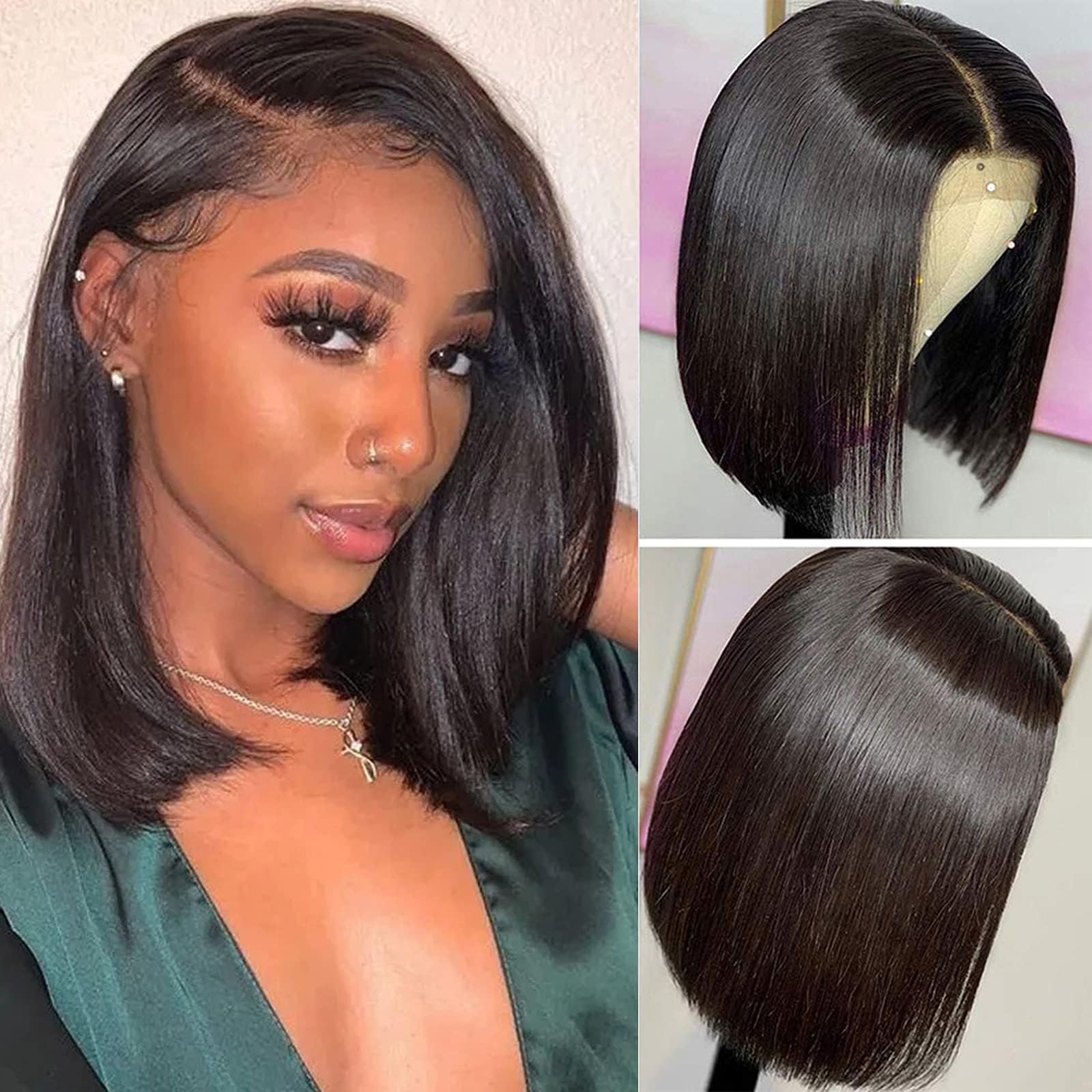 Bob Wig 4x4 Straight Lace Front Wig 14 inch Short Clousure Wig Pre Plucked with Baby Hair for Women Glueless Wig 150% Density Transparent Unprocessed Brazilian Virgin Hair Middle Part Natural Color