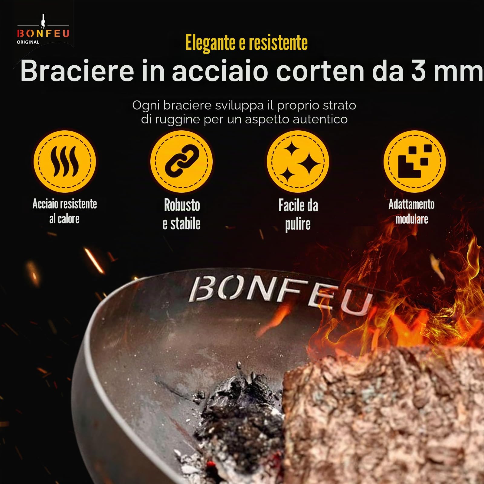 BonFeu BonBowl Braciere da Giardino Ø100 cm Acciaio Corten Robusta Bocchetta di Fuoco 100x100x21 cm