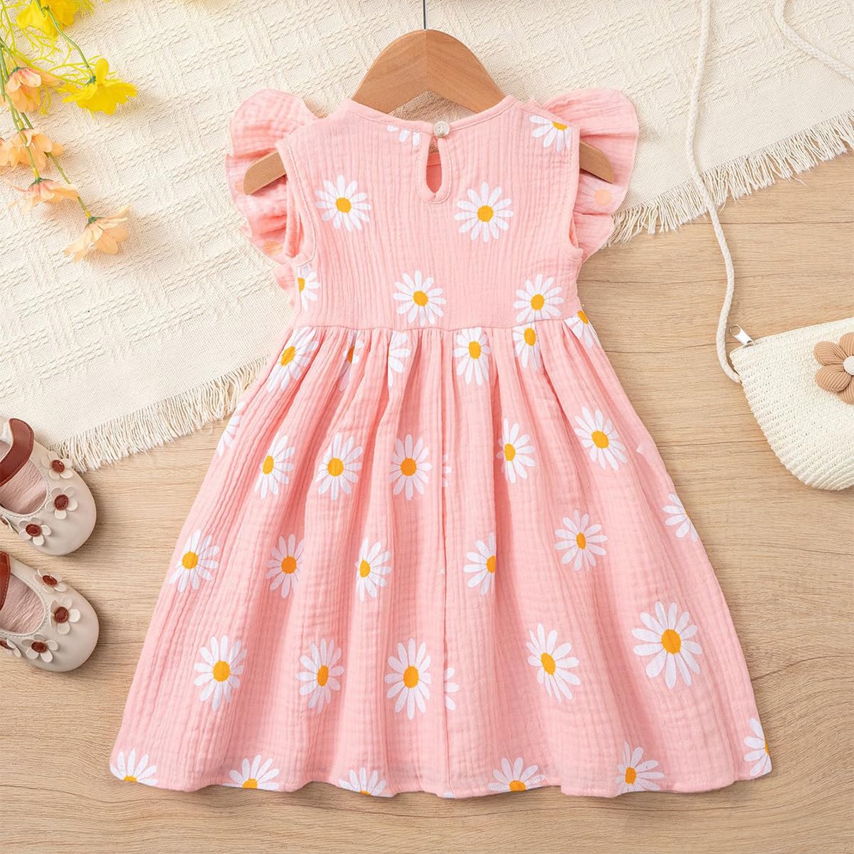 Robe d'Été Fille Casual Manches à Volants Unie/Imprimée Col Rond Boutonnée Robes Coupe Trapèze pour Enfants Fête d'anniversaire Tenue 2-6Y - 3
