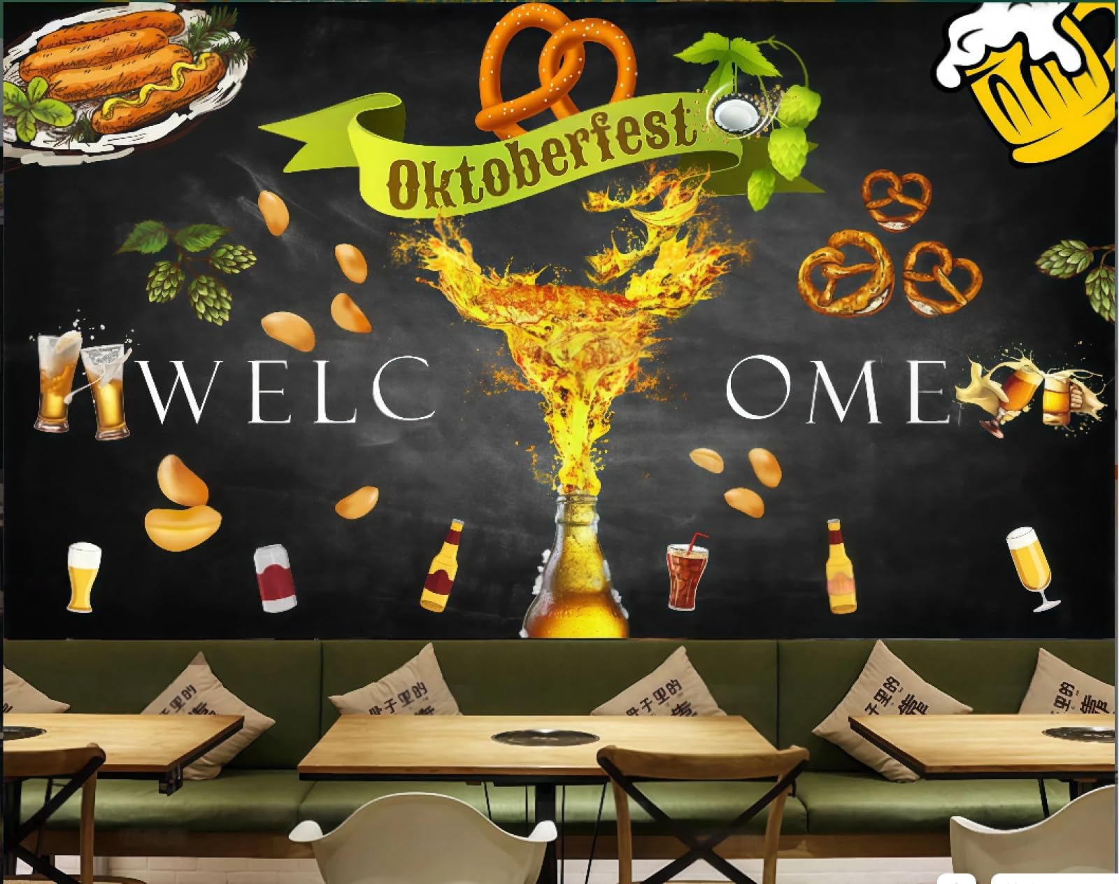 Xdoubao 3D Wallpaper Nostalgic Hand-Painted Blackboard Barbecue Food Personality Bar Coffee Shop Background Mural Western Restaurant Wallpaper,,430X300cm