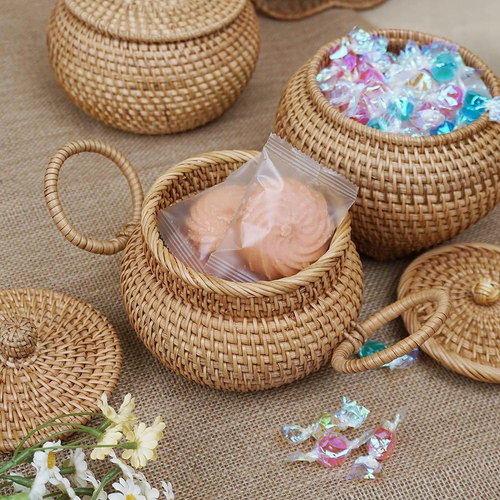 Cesta redonda de ratán con tapa, cesta de almacenamiento de ratán, para caramelos, agujas e hilo, llaves, monedas y objetos pequeños, organizador de joyas, cesta de aperitivos, organizador de