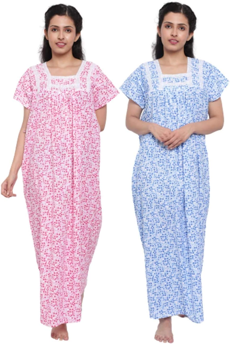 Women's Cotton Lace Solid Color Nighty (Pack of 2)