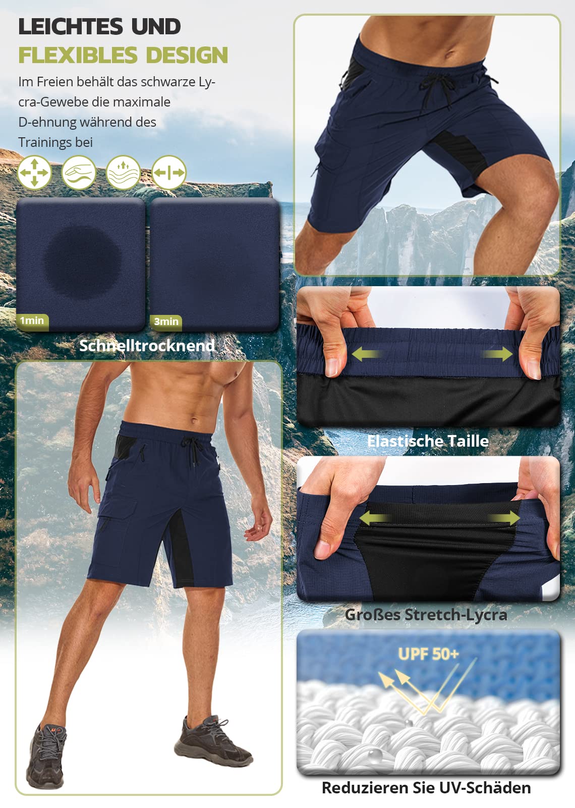Hiauspor Pantalones Cortos de Senderismo para Hombre, 5 Bolsillos, Azul