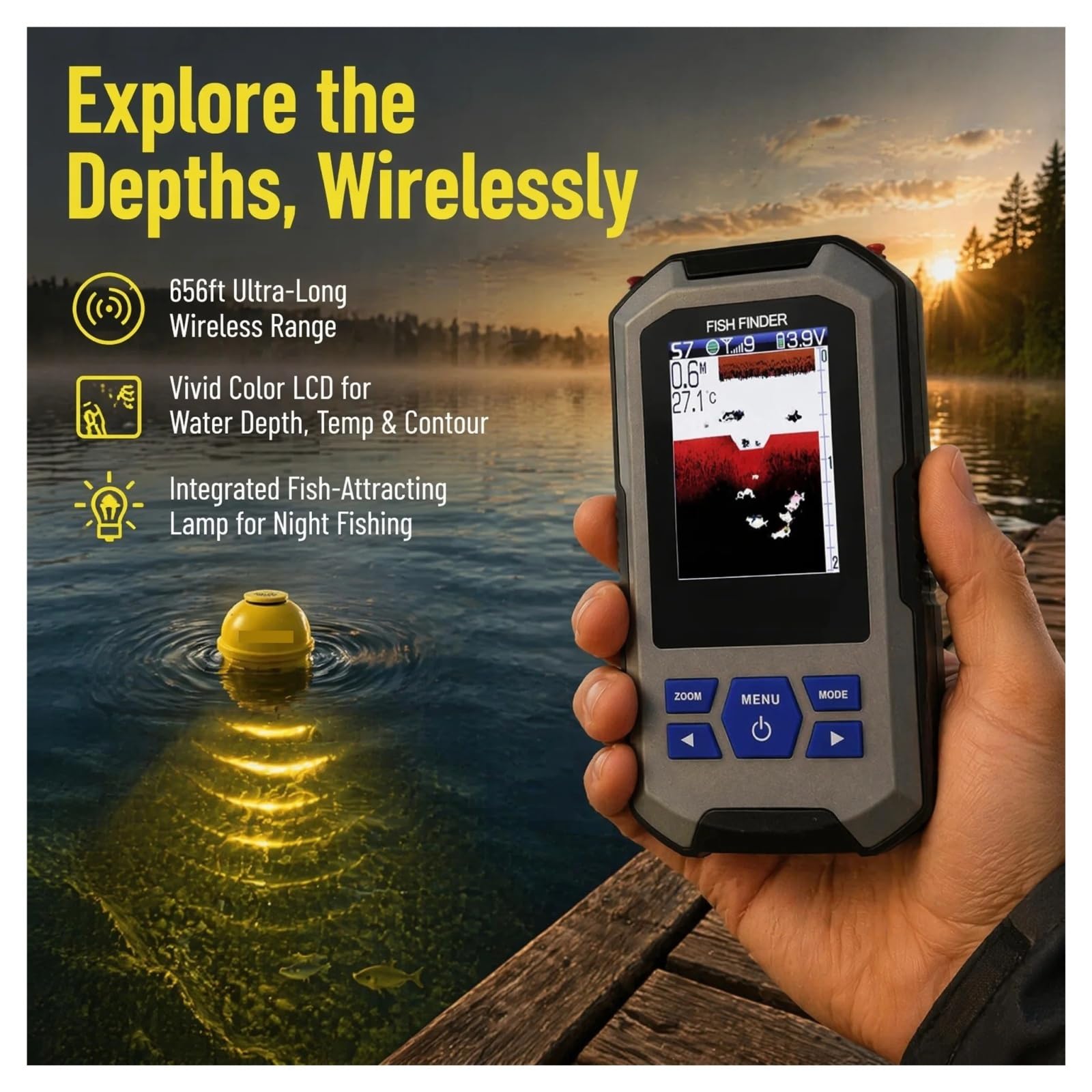 Sensore sonar LCD a colori wireless portatile per ecoscandaglio, portata 200 m, profondità 45,Alta definizione