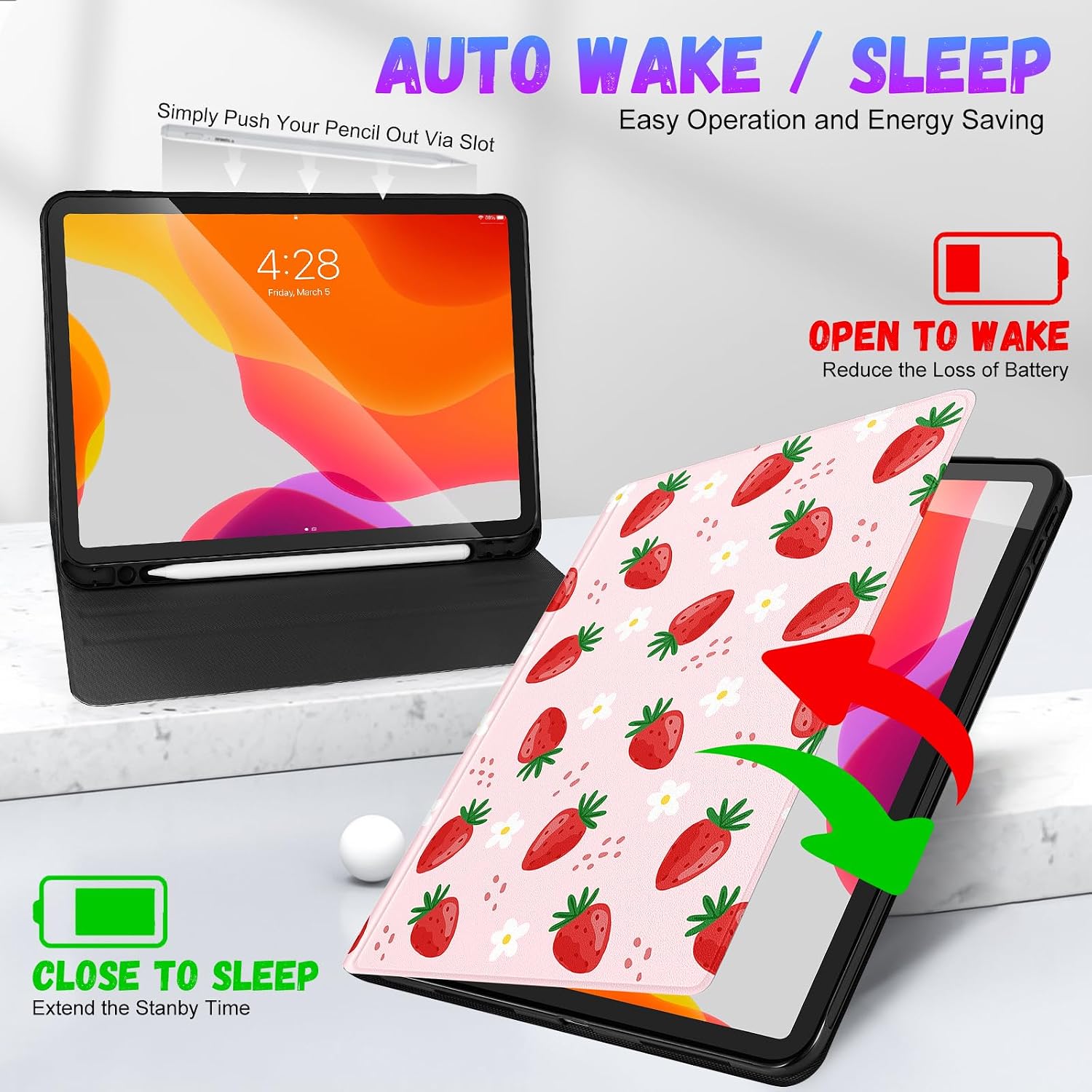 Uppuppy for iPad Air 11 inch (M2/M3) Case, Air 5th/4th Generation 10.9, Pro 11'' Case Cute Kids Women Girls Girly Strawberry Pencil Holder Cover for iPad Air 11 2024/2025, 10.9 2022 2020, Pro 11 image 5