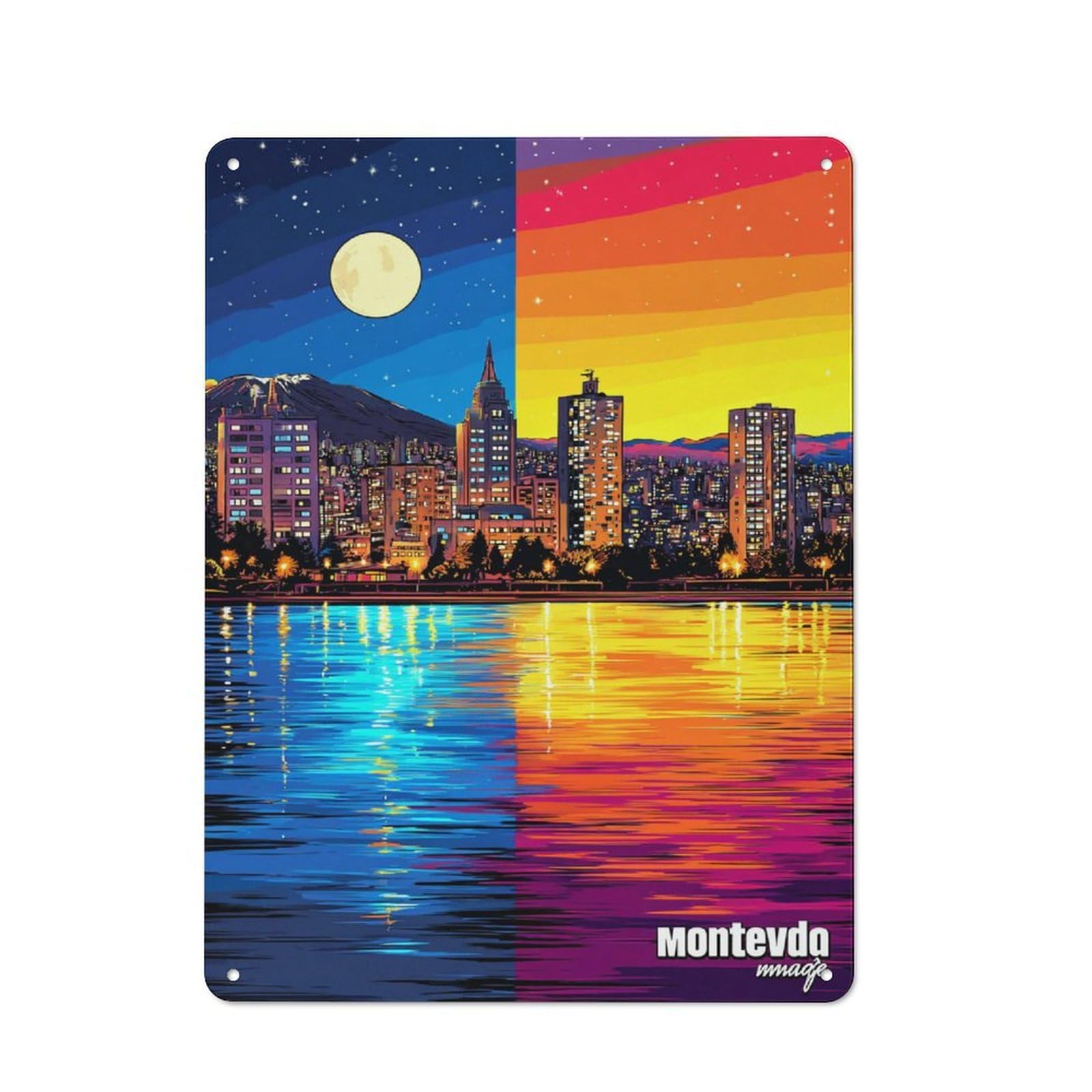 Junmoney City Skyline Reflections Day To Night Transi Tion Retro Metal Plaque 40X30cm For Living Room Or Hallway, For An Autumn Wall Display In Living Room And Hallway
