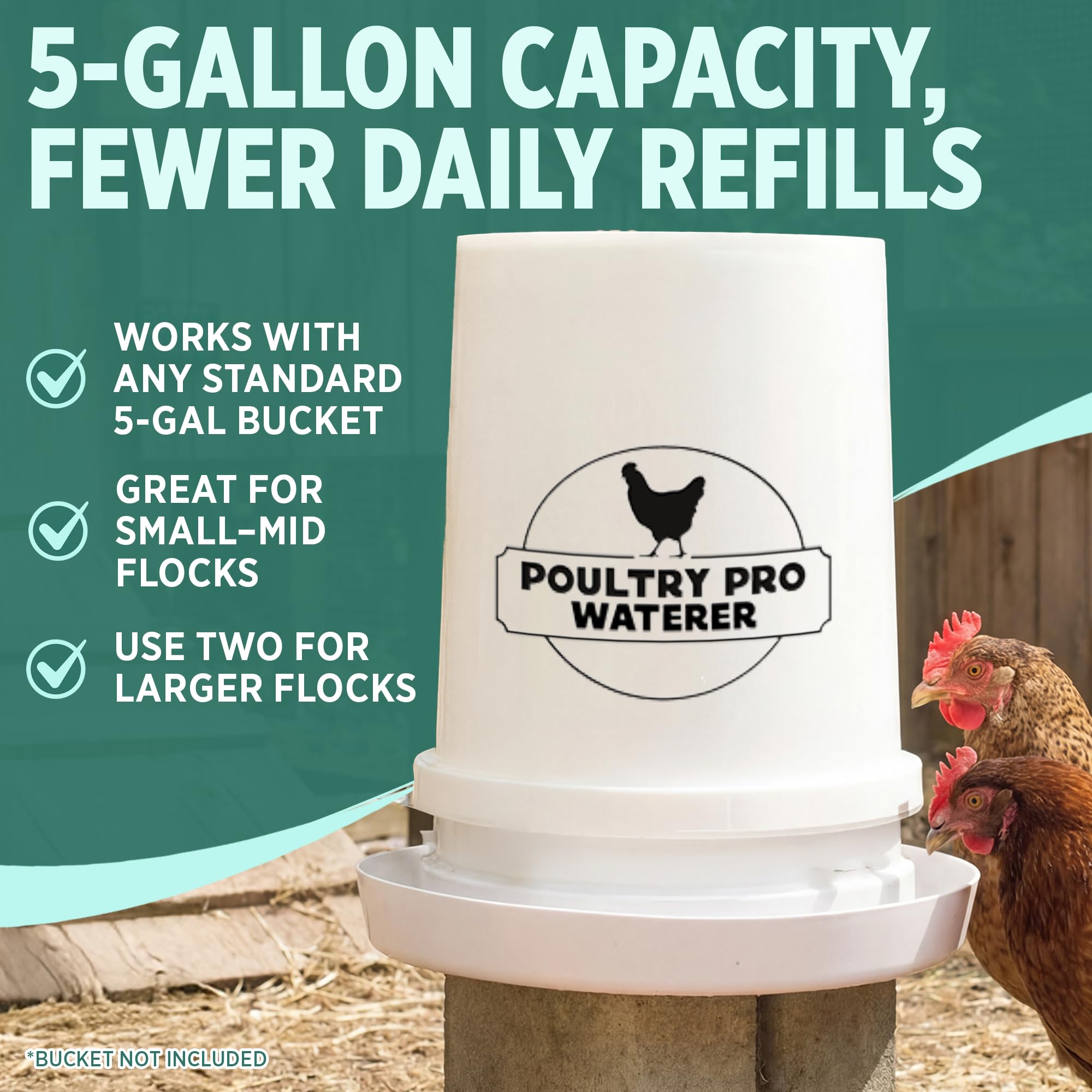 Poultry Pro - Bebedero de pollo para cubo de 5 galones, como se ve en Shark Tank, agua alimentada por gravedad manos libres para pollos, patos y pájaros pequeños, comedero de aves de corral, comedero
