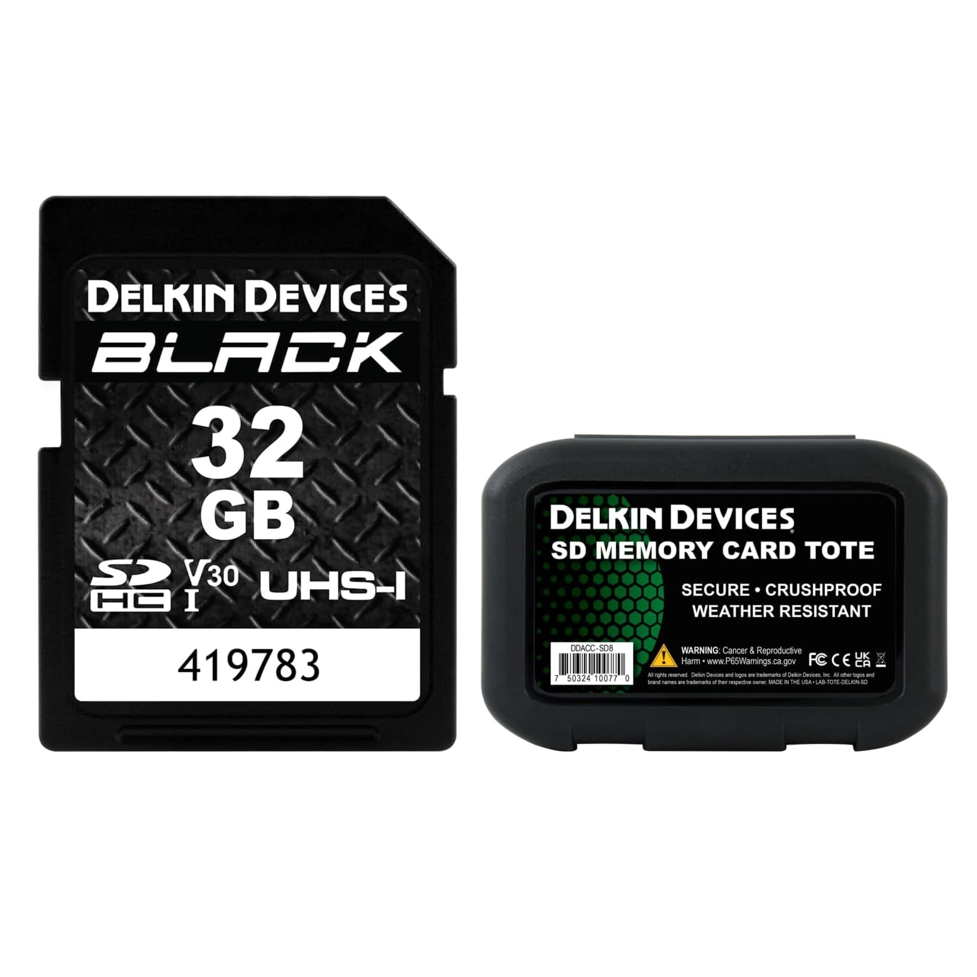 Delkin Devices 32GB Black SDXC UHS-I V30 Memory Card + 8-Slot SD Card Holder Case – 90MB/s Write, Rugged &amp; Weather-Resistant Bundle