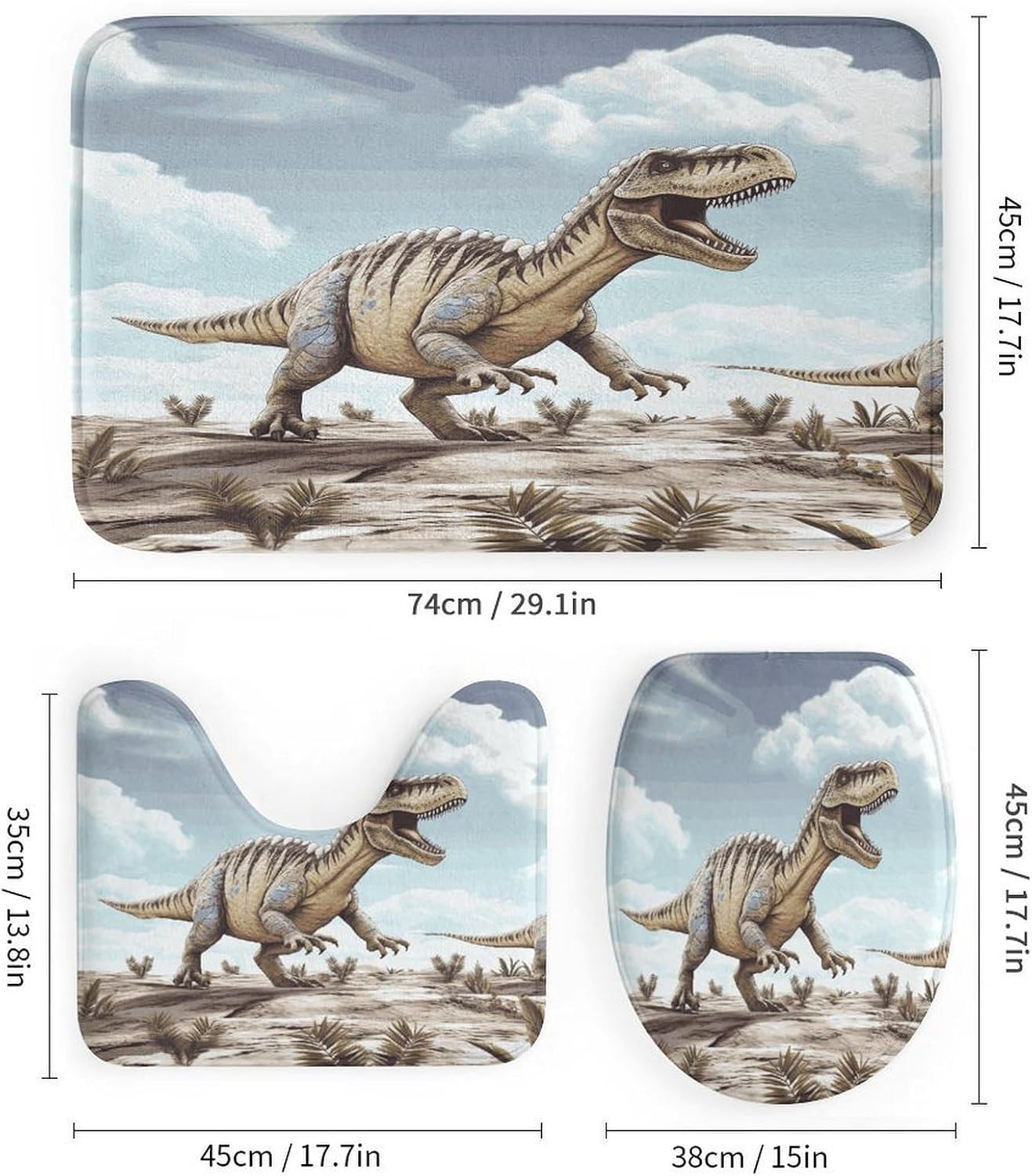 Dinosaur Walking Bathroom Rugs Sets 4 Piece | Shower curtain sets, non-slip absorbent soft flannel bath mat, u-shaped toilet mat & lid cover, bathroom decor accessories