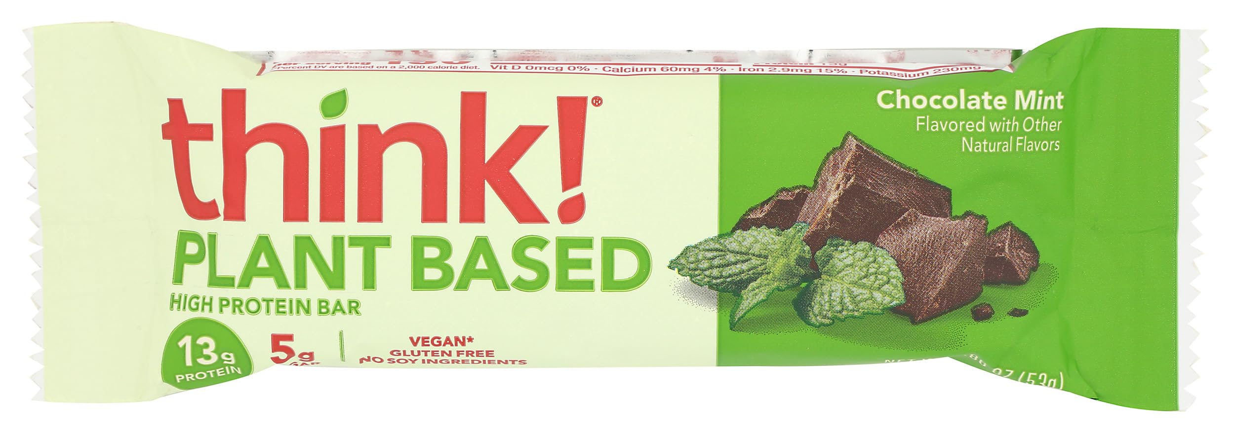 think!, Vegan/Plant Based High Protein Bars - Chocolate Mint, 13g Protein, 5g Sugar, No Artificial Sweeteners, Gluten Free, Non GMO Project Verified, 1.94 Ounce bar