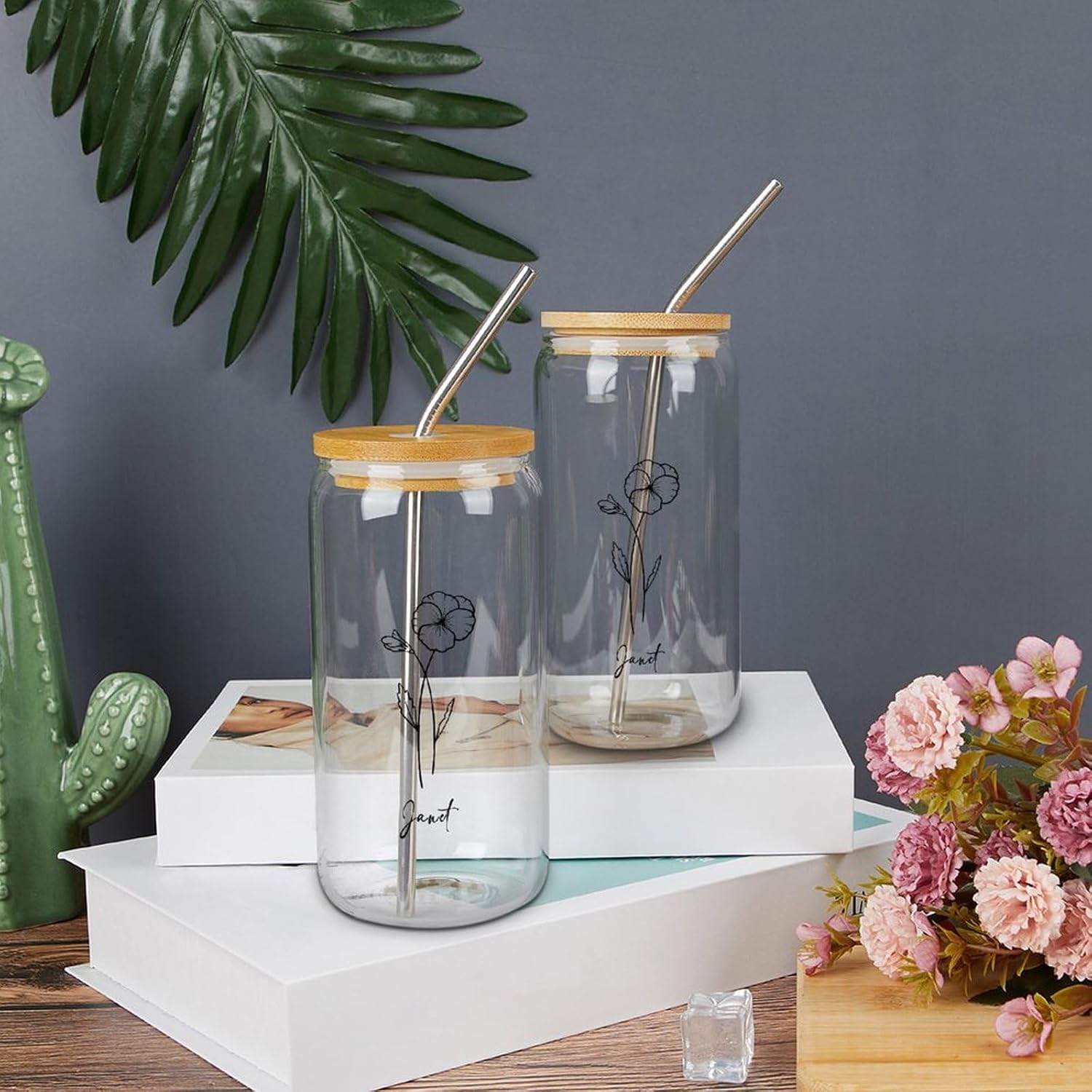 Birth Flower Glass Water Bottle with Lid And Straw Customized Birthflower Drinking Cup with Name Women’s Day Christmas Gifts for Daughter February Flower Party 16oz Frosted Tumbler Cup