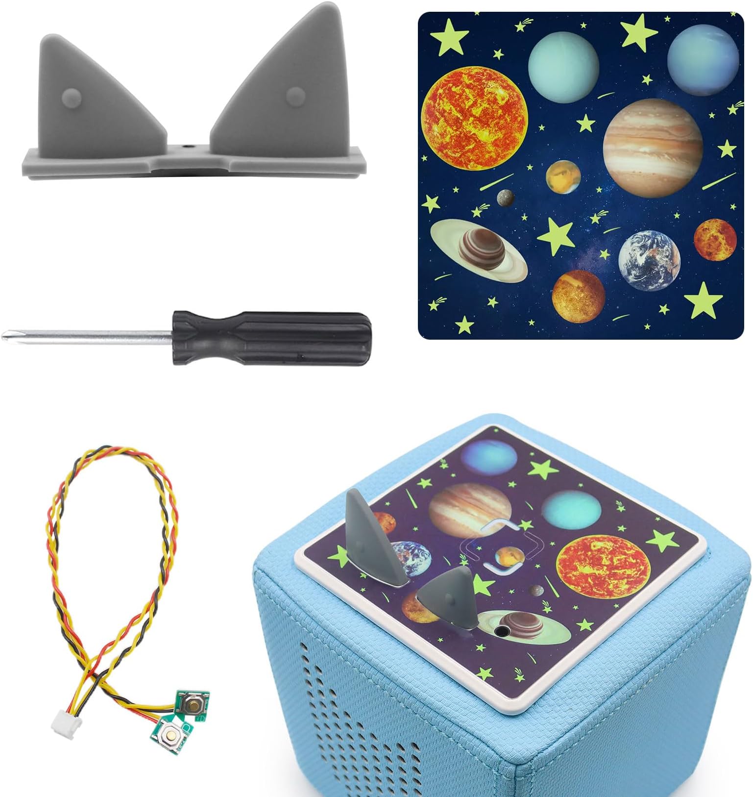 Taladad Replacement Ears, Replacement Button Cable with Screwdriver for Toniebox, Protective Film Stickers for The Tonie Box Top, Volume Control Buttons Ears, Repair Accessories