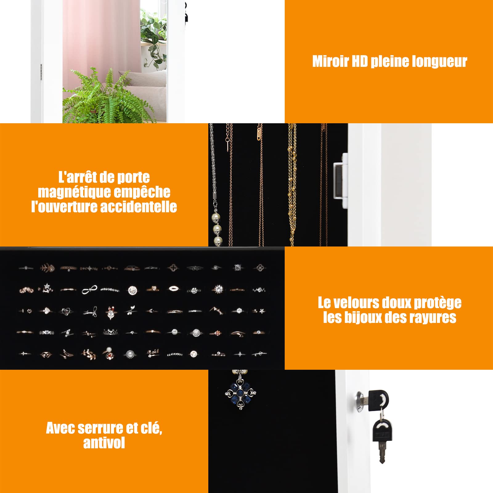 RELAX4LIFE Armoire à Bijoux Murale/Suspendue avec Miroir Psyché & Lumières LED, Organisateur de Bijoux Verrouillable à 5 Étagères, Multi-Rangement Cosmétiques pour Chambre Vestiaire Salon