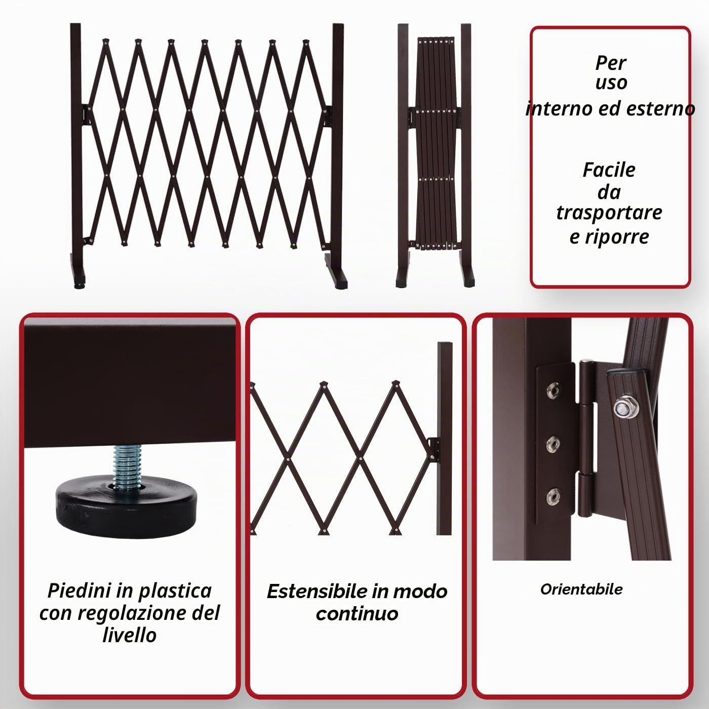 Recinto barriera a fisarmonica estensibile HWC-K56 acciaio alluminio 103x31-200x31cm marrone