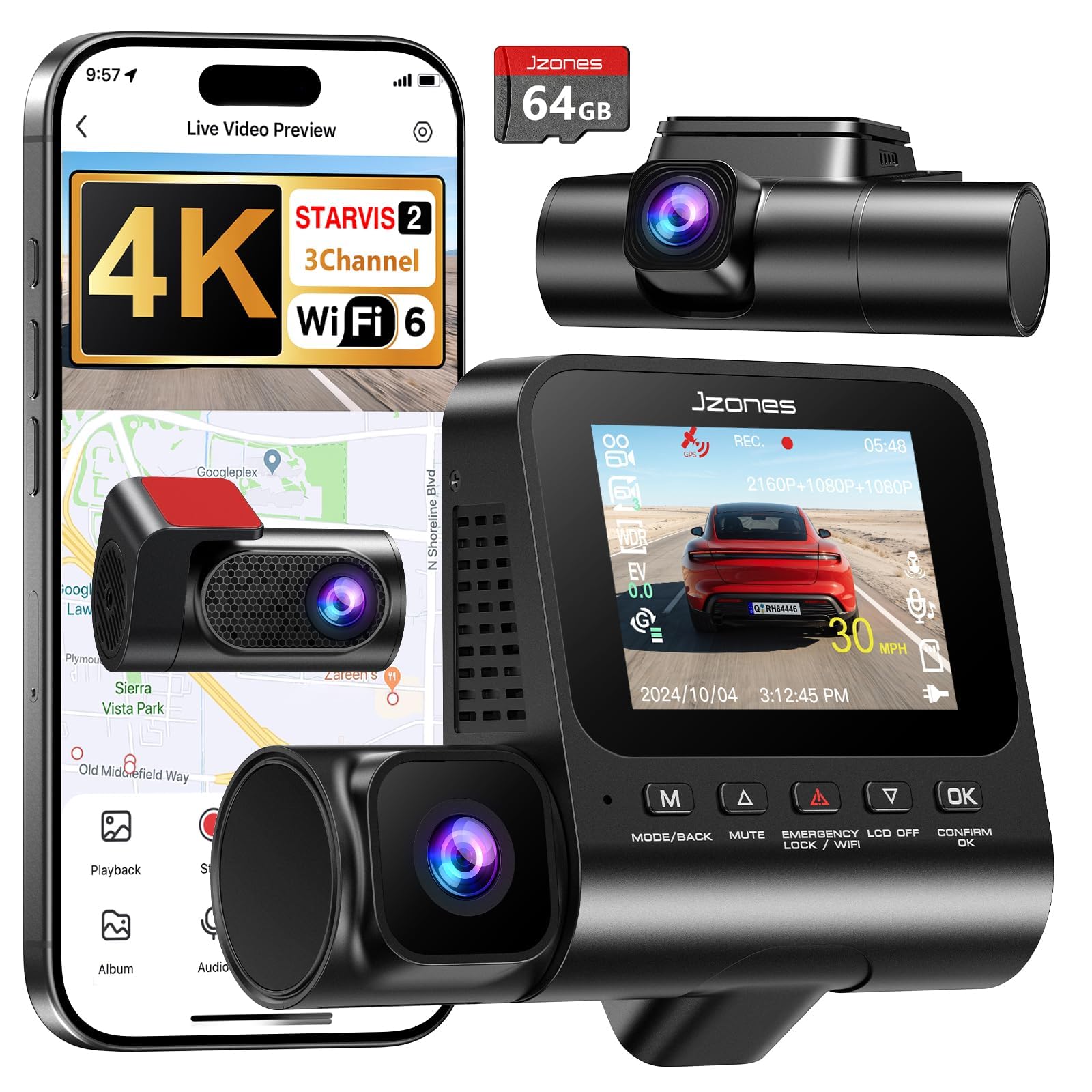 3-Channel 4K Dash Cam, Starvis 2 Night Vision and HDR | with Dash Cam Front and Rear, Dashcam Supports Loop Recording, 24-Hour Parking Mode, Wi-Fi 6 & GPS, with Free 64GB SD card