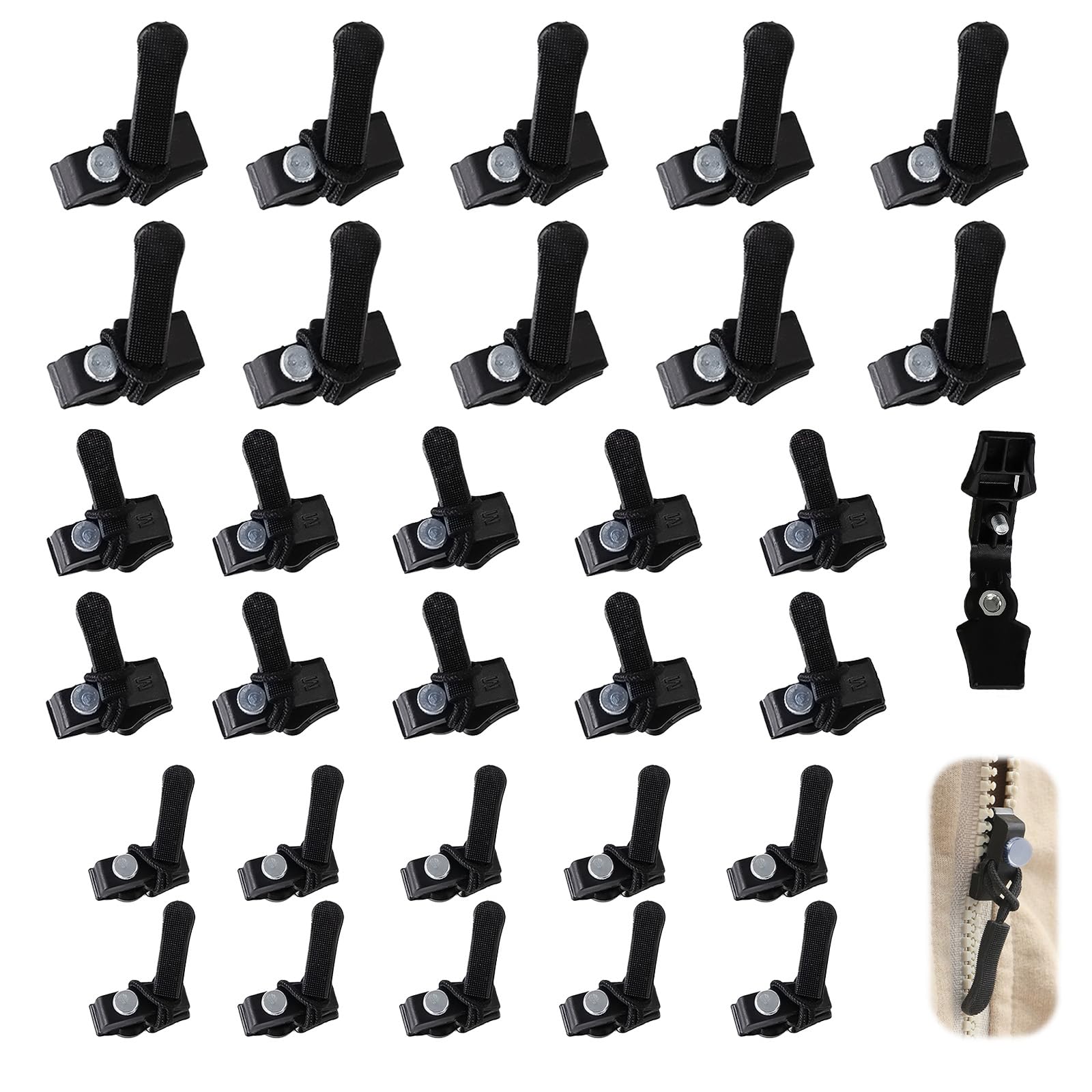 30Pcs Zipper Repair Kit Universal Zipper Fixer, Plastic Detachable Pulls Replacement Fix Zippers, Quick Install Zip Heads No Sewing Required for Bags