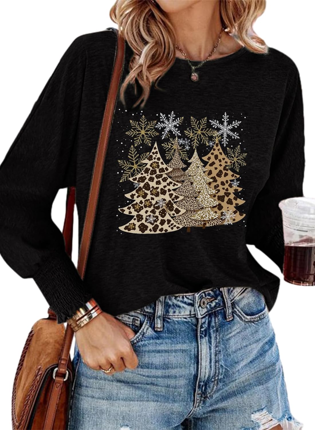 Dokotoo Womens Tops Christmas Tree Snowflake T Shirts for Women Fall 2024 Winter Fashion Crewneck Long Sleeve Womens Clothes Oversized Loose Blouses