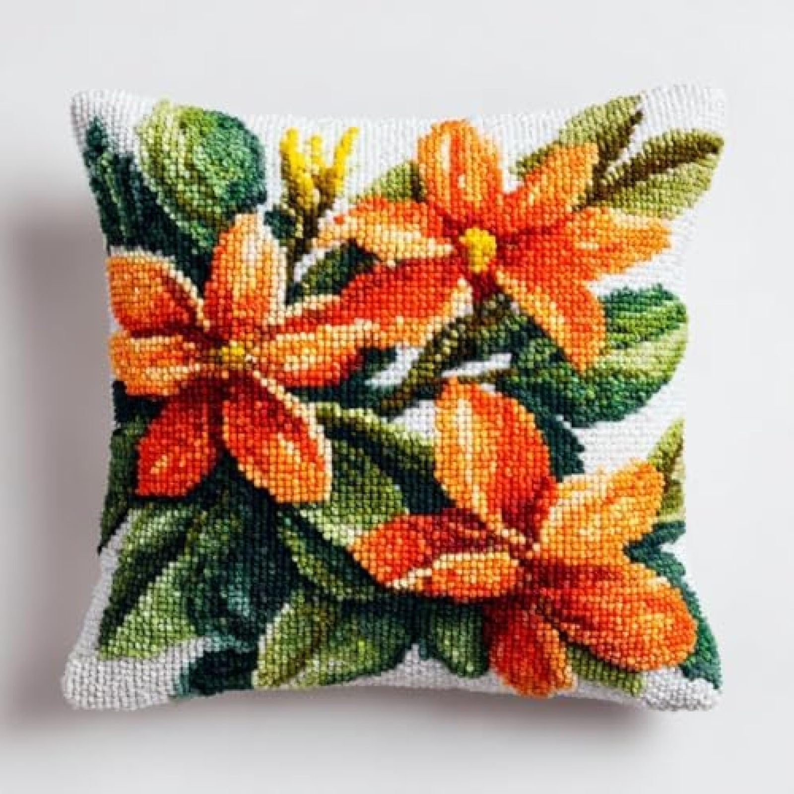 kitphoenix DIY Latch Hook Cushion Kit Orange Jessamine Flowers and Green Leaves,Beginner-Friendly Rug Hooking Pillow Kit,Crochet Craft Cushion Cover for Home Decor,43x43 cm