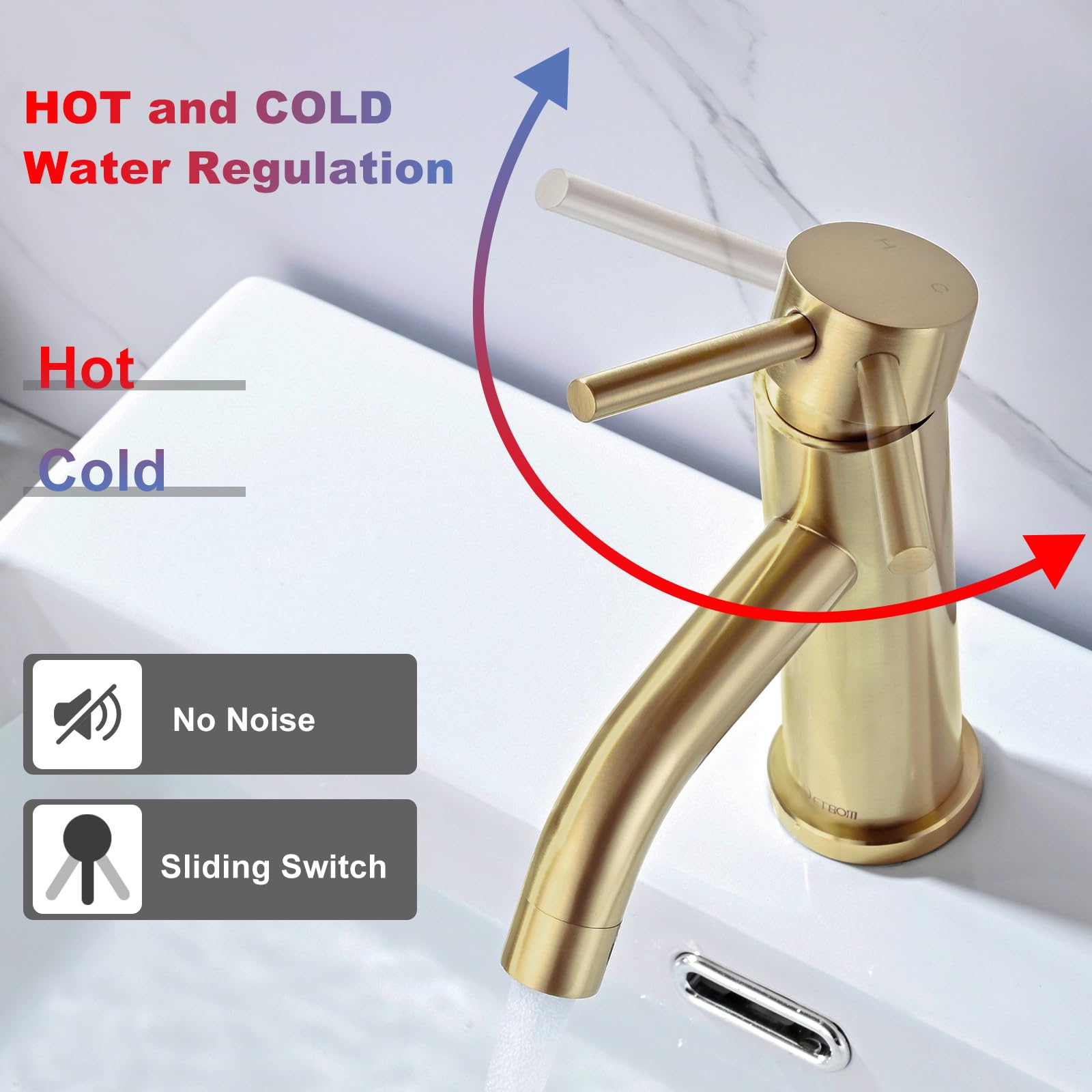Wasserhahn Bad Mischbatterie DETBOM, Waschtischarmatur mit Geräuscharmem Keramischem Ventilkern, Einhebelmischer Waschbecken Warm und Kaltwasserhähne, Abnehmbarer Luftsprudler, Gebürstetes Gold