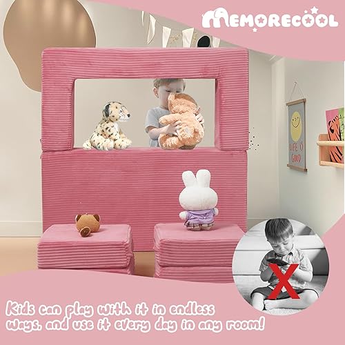 Miniatura 101 de MeMoreCool Sofá modular para niños, sofá convertible suave para niños, silla de espuma de felpa plegable gris para diversión en la sala de juegos de