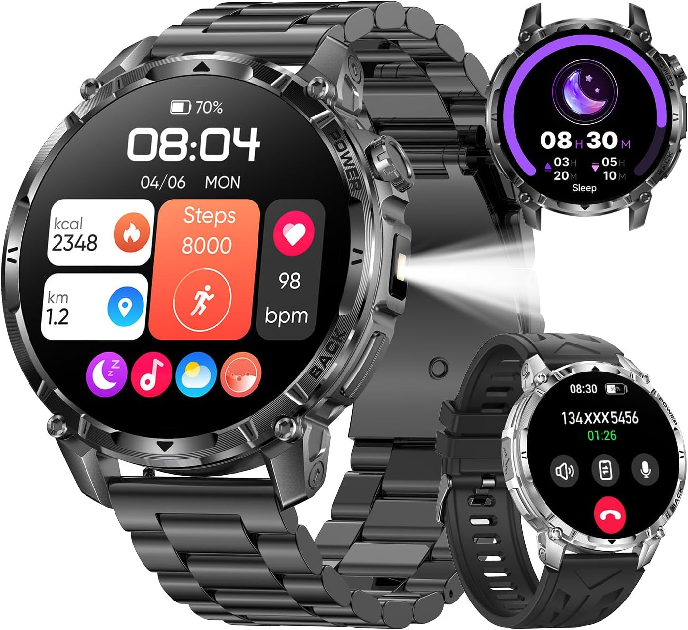 MIDDOW Military Smart Watch for Men with Flashlight, 1000mAh Battery 1.7" HD Screen, Heart Rate Blood Oxygen Sleep Monitor, 100+ Sports Modes IP68 Waterproof Fitness Tracker (2 Straps)